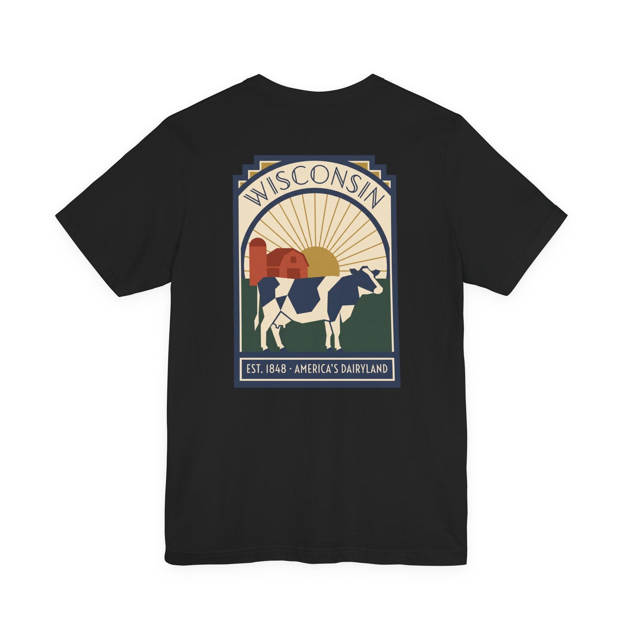 Black t-shirt with square Wisconsin dairy cow graphic on the front