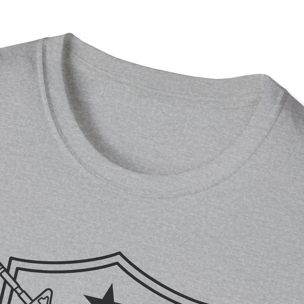 Heather gray crewneck T-shirt neckline with top edge of shield and rifles graphic