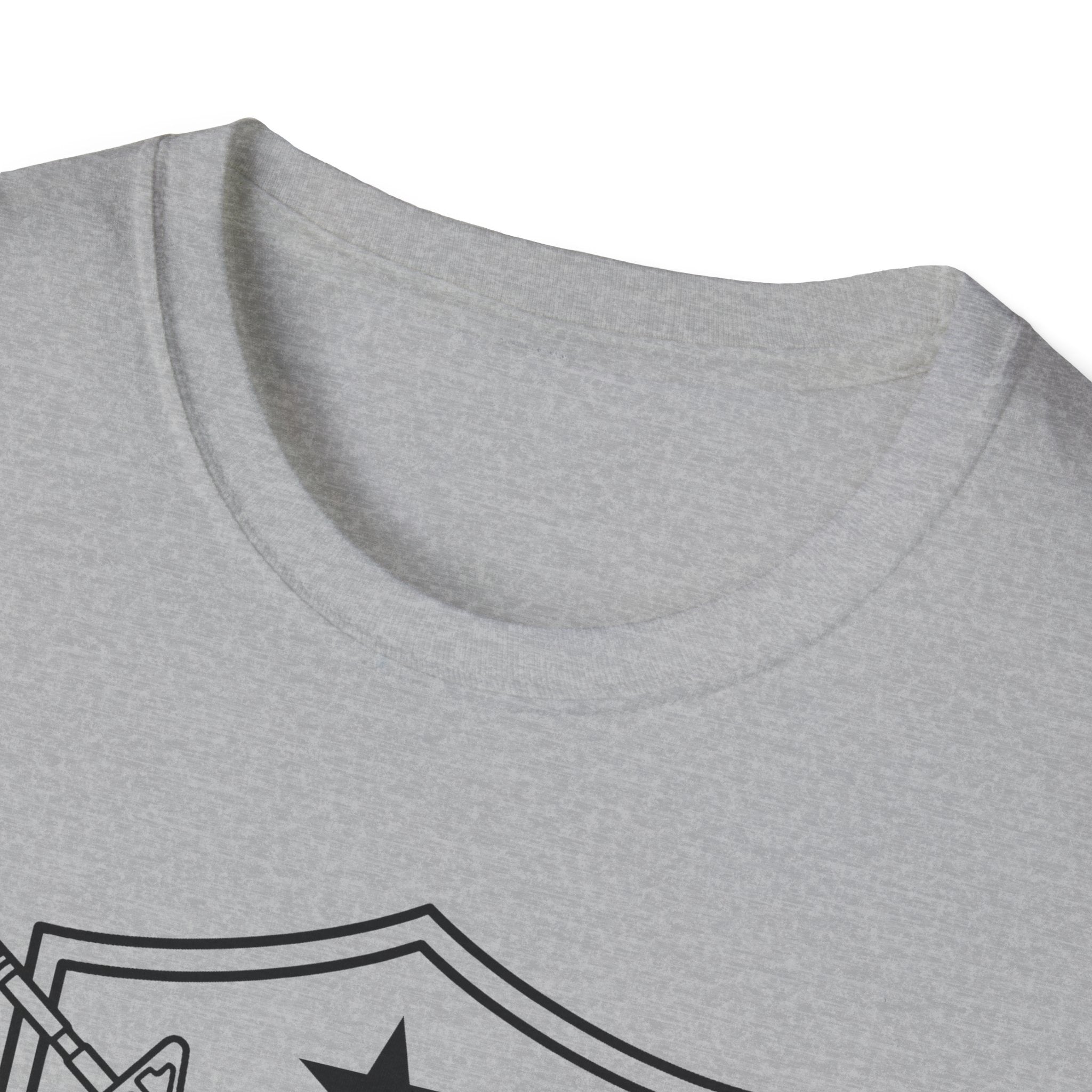 Heather gray crewneck T-shirt neckline with top edge of shield and rifles graphic