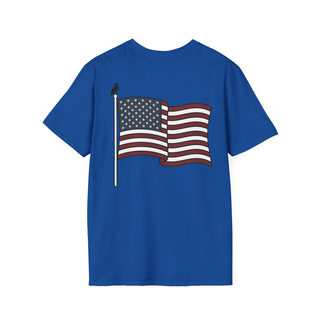 Royal blue T-shirt with full-color American flag on a pole graphic