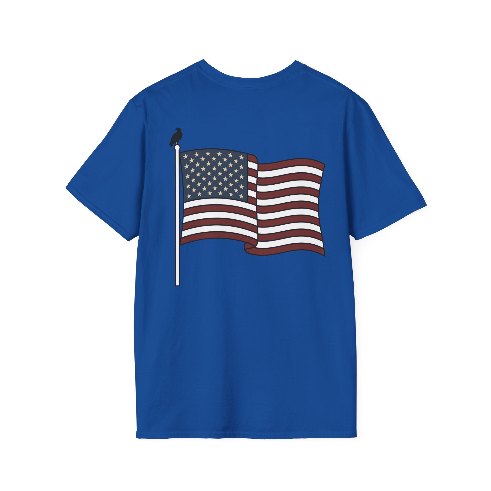 Royal blue T-shirt with full-color American flag on a pole graphic