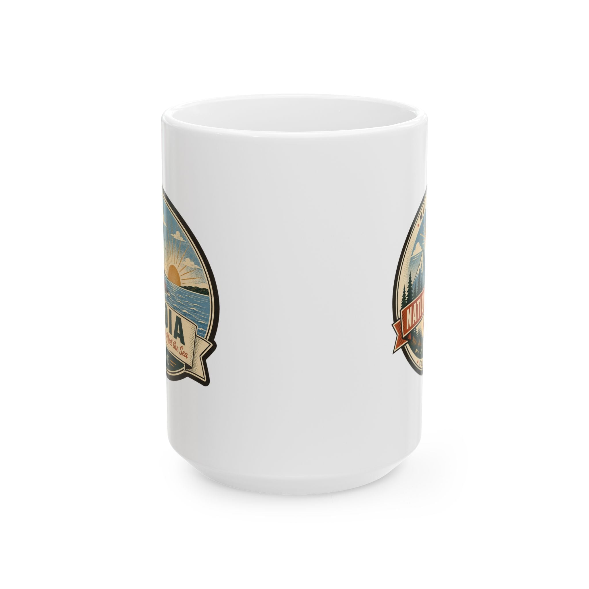White ceramic coffee mug with side travel badge graphic, full side view.