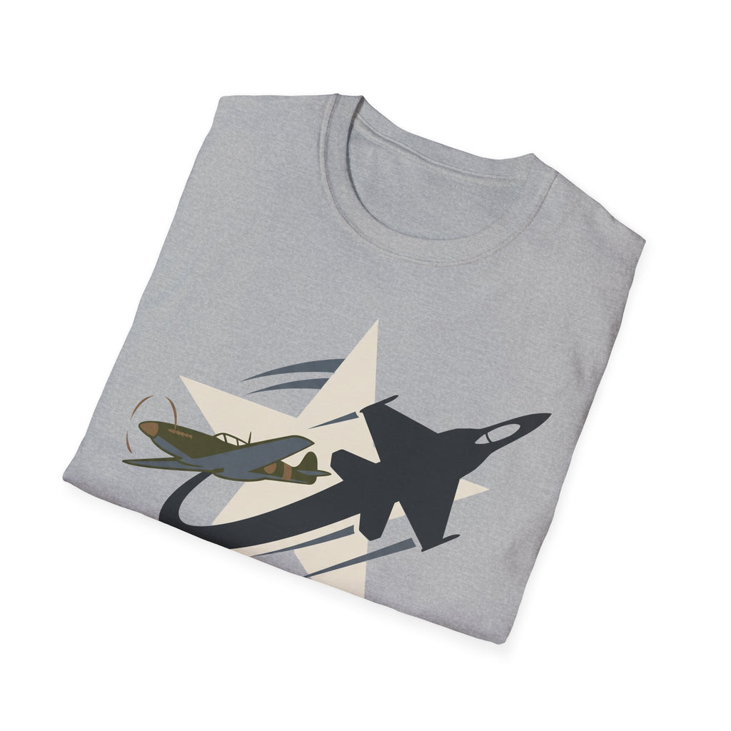 Heather grey crew-neck T-shirt with military airplane graphic on chest.