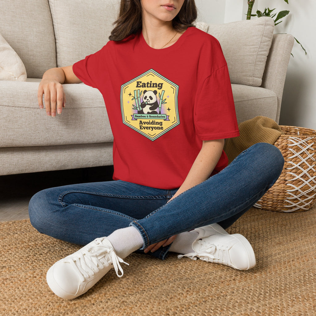Unisex softstyle T-shirt, red, chest panda eating graphic
