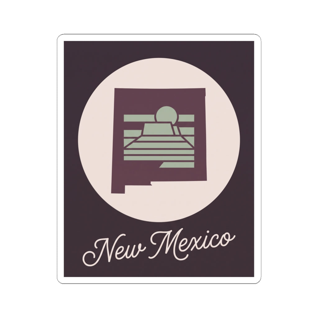 New Mexico sticker decal showing circular desert scene with sunrise and “New Mexico” script