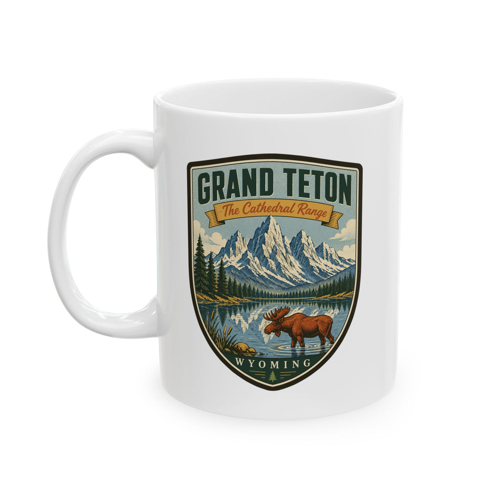 White ceramic mug with Grand Teton “The Cathedral Range” graphic and moose