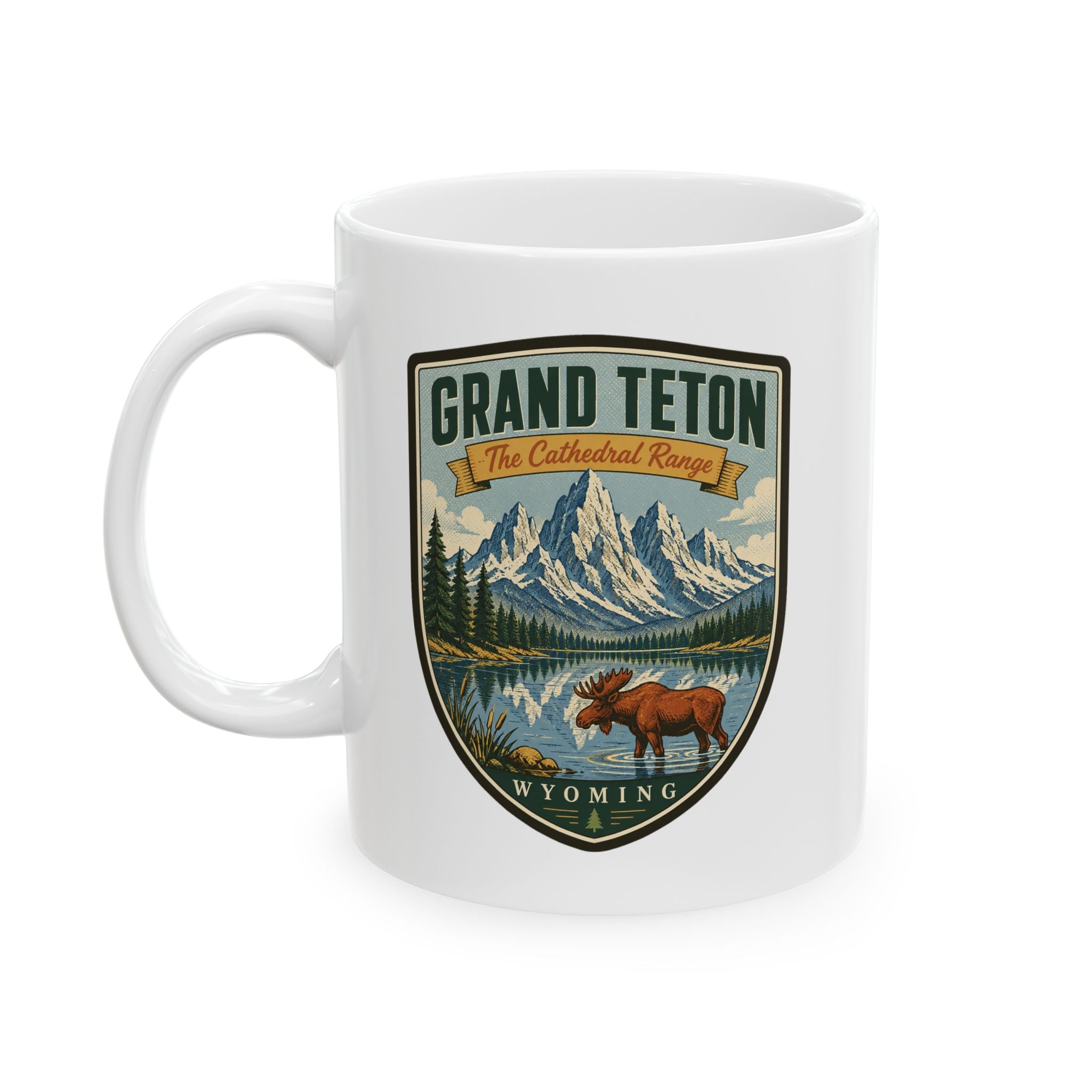 White ceramic mug with Grand Teton “The Cathedral Range” graphic and moose