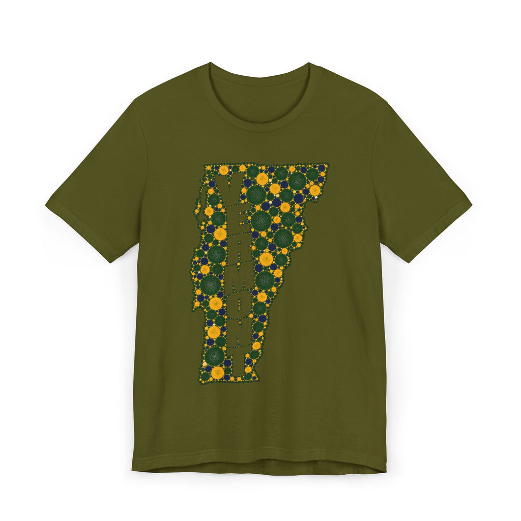 Olive green T-shirt with multicolor floral Vermont outline and VERMONT text graphic.