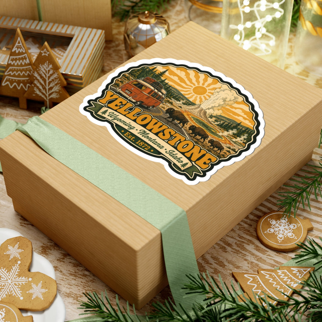 Yellowstone sticker badge showing vintage bus, bison, geyser plume, sun; Est. 1872