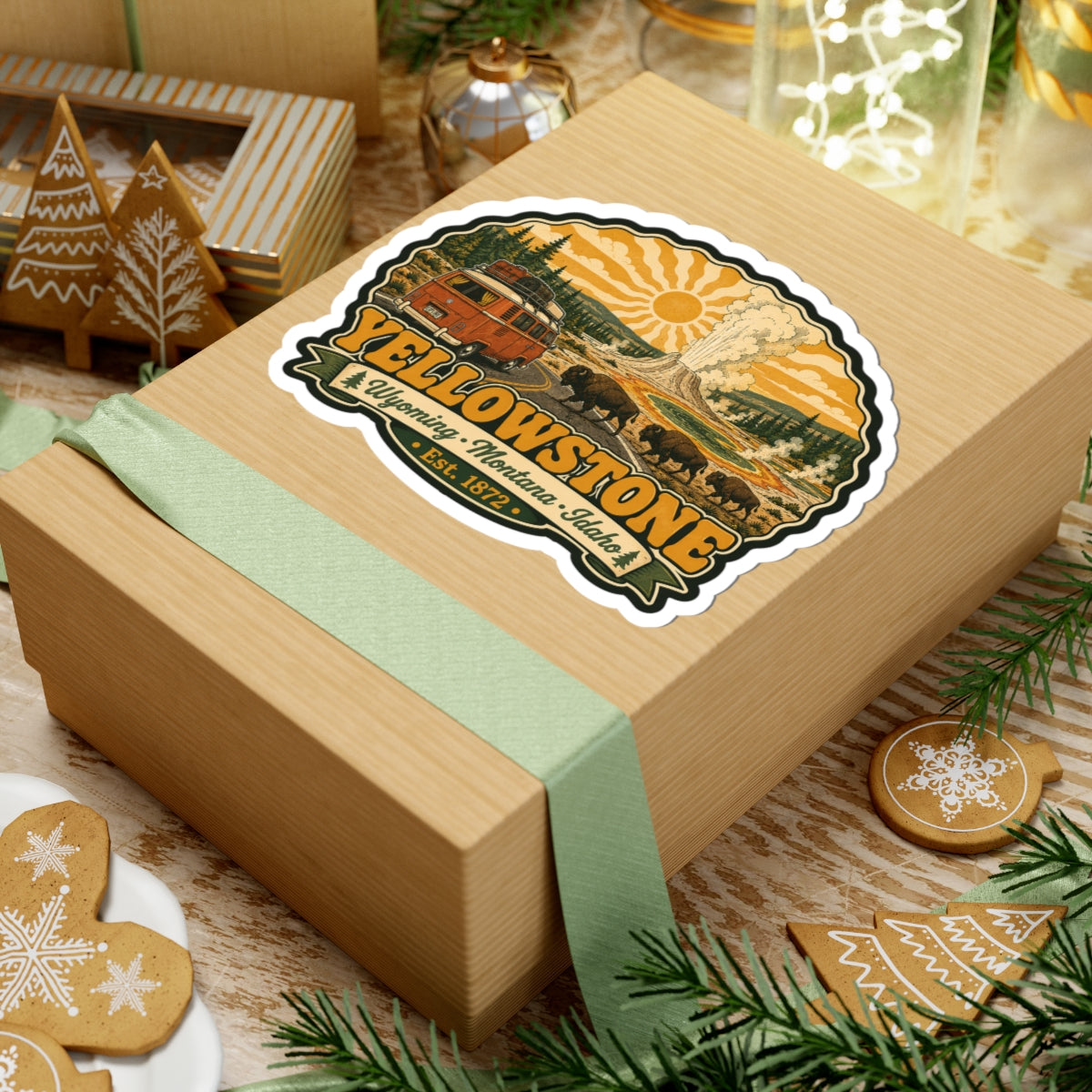 Yellowstone sticker badge showing vintage bus, bison, geyser plume, sun; Est. 1872