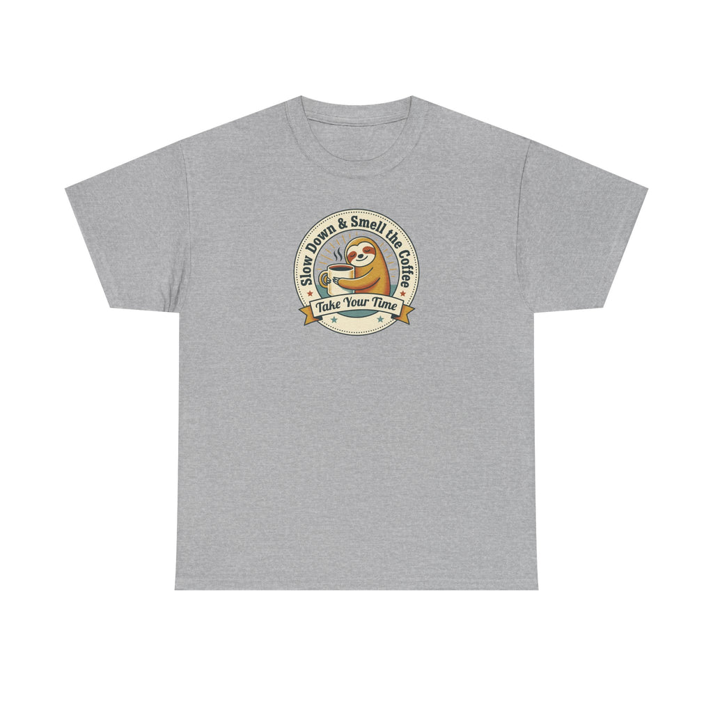 Sport gray sloth graphic T-shirt with circular Take Your Time badge print