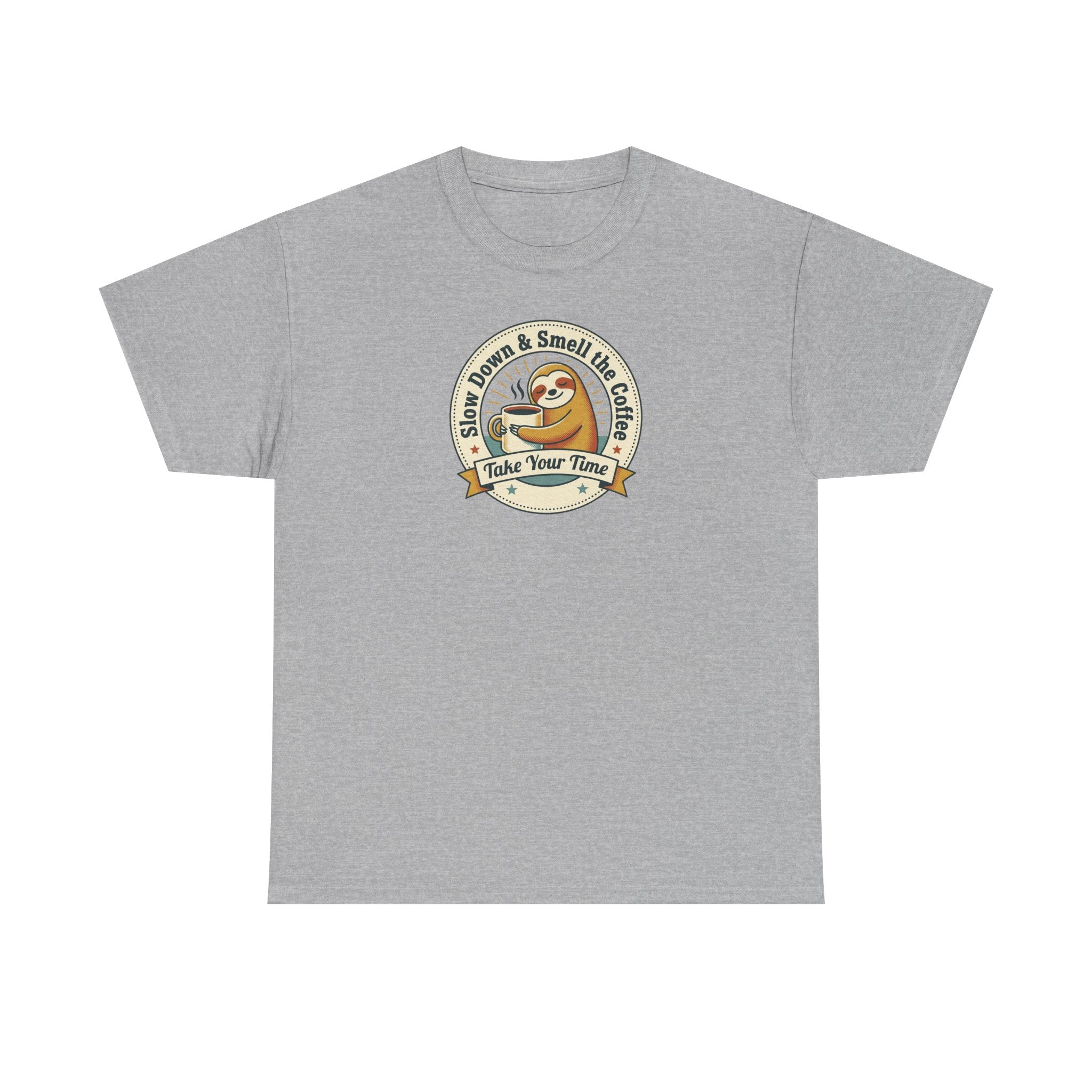 Sport gray sloth graphic T-shirt with circular Take Your Time badge print