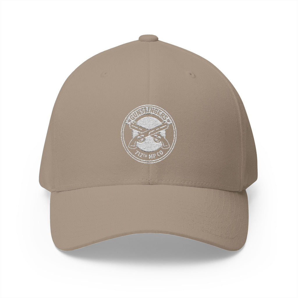 Embroidered baseball cap, beige with circular white emblem at center