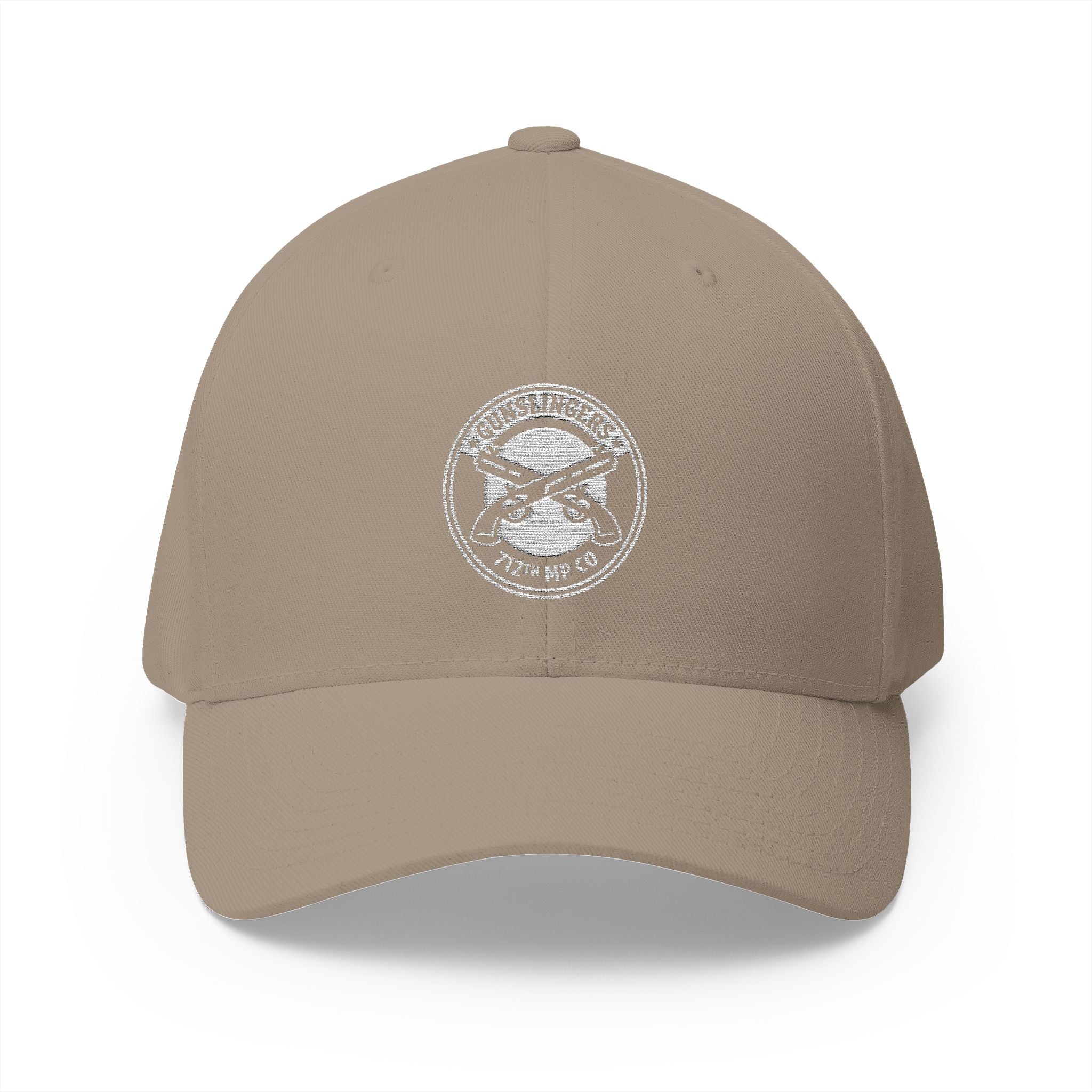 Embroidered baseball cap, beige with circular white emblem at center