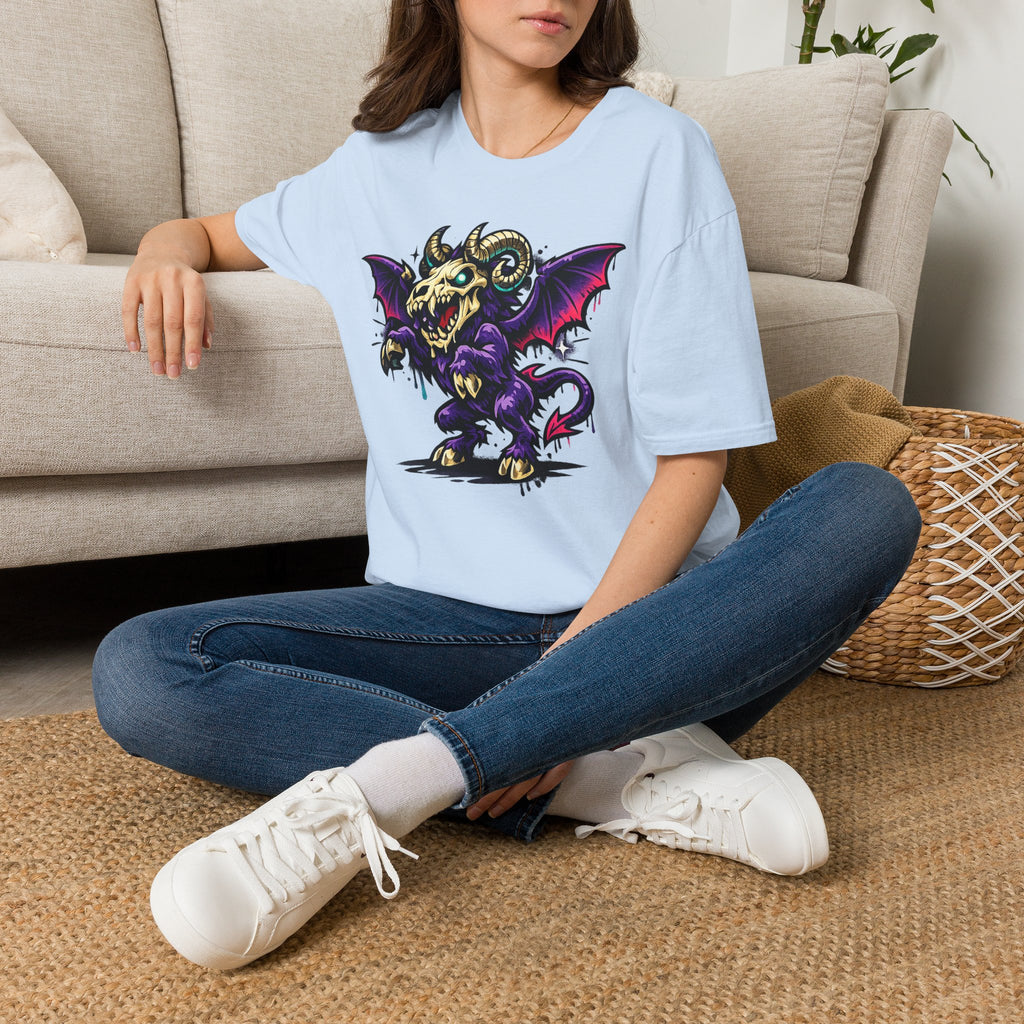 Light blue graphic monster T-shirt with purple bat-winged skull ram front print