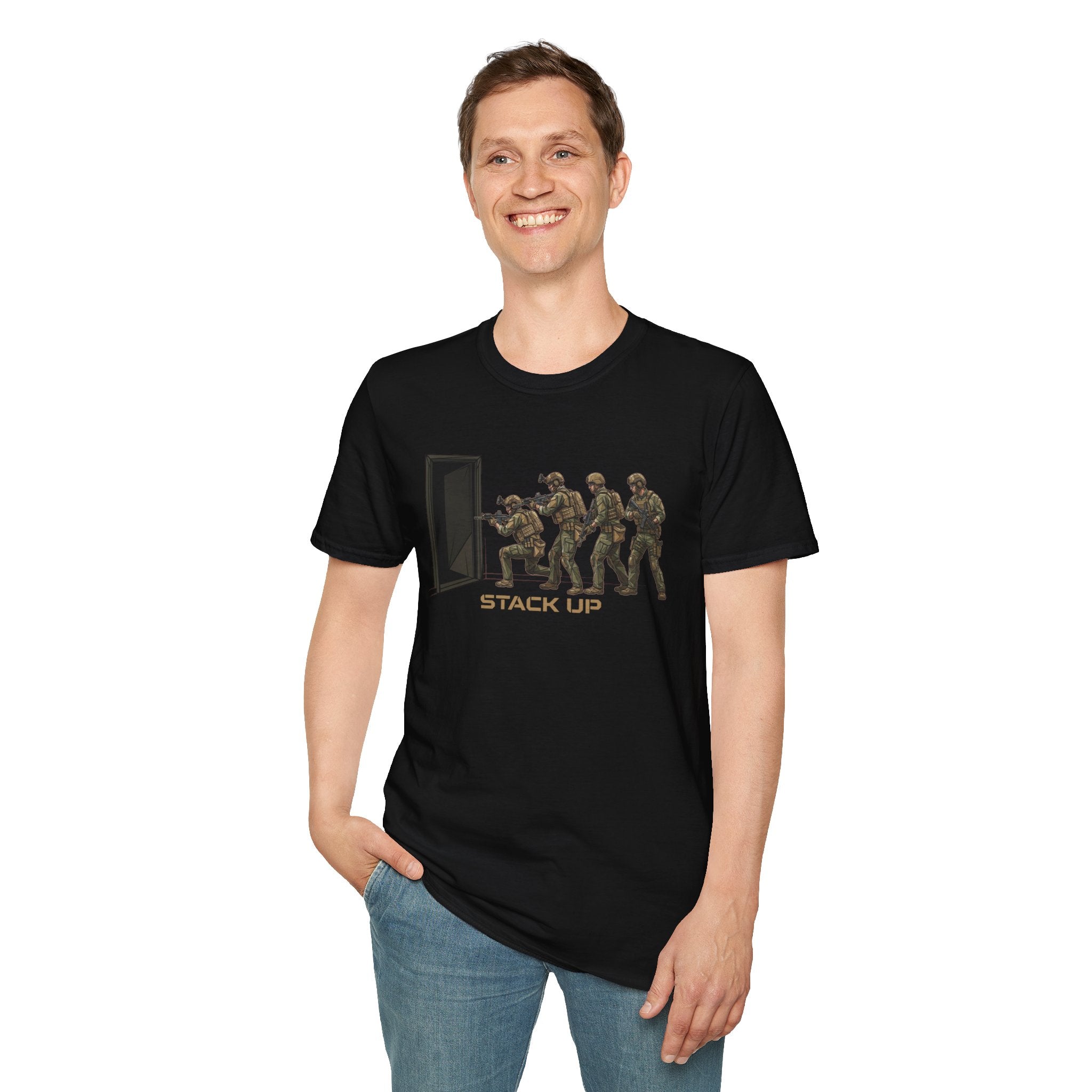 Black T-shirt with tactical “Stack Up” soldiers and door front graphic