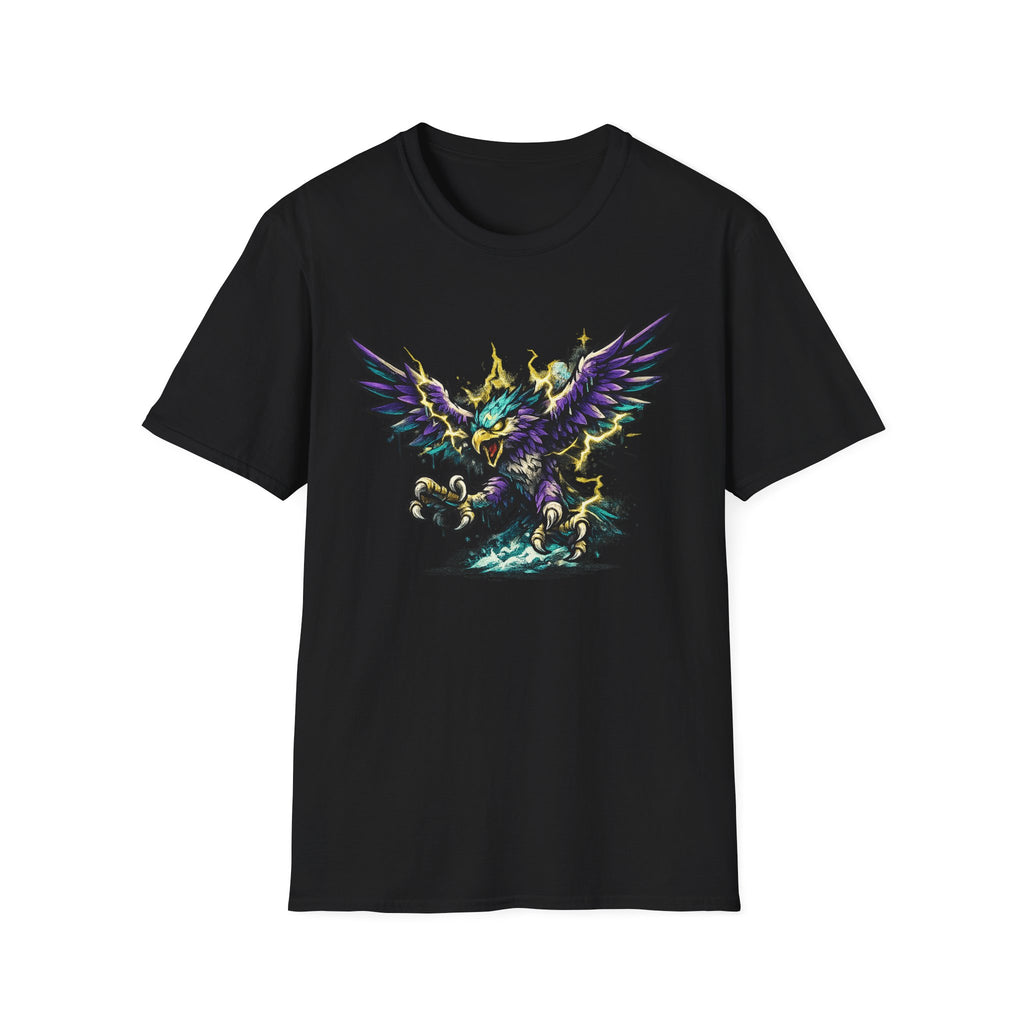 Black crewneck t-shirt with colorful lightning thunderbird graphic, front view.