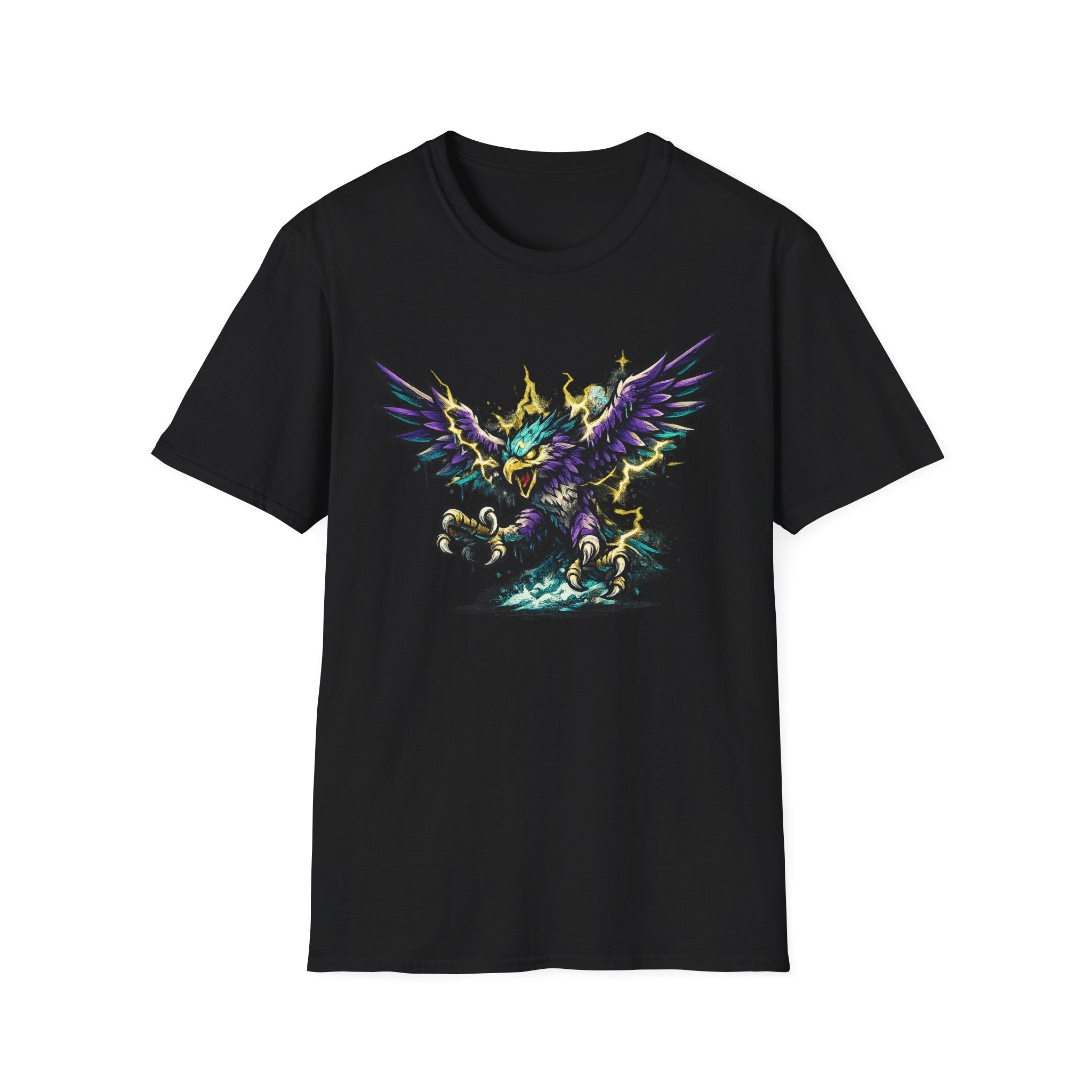Black crewneck t-shirt with colorful lightning thunderbird graphic, front view.