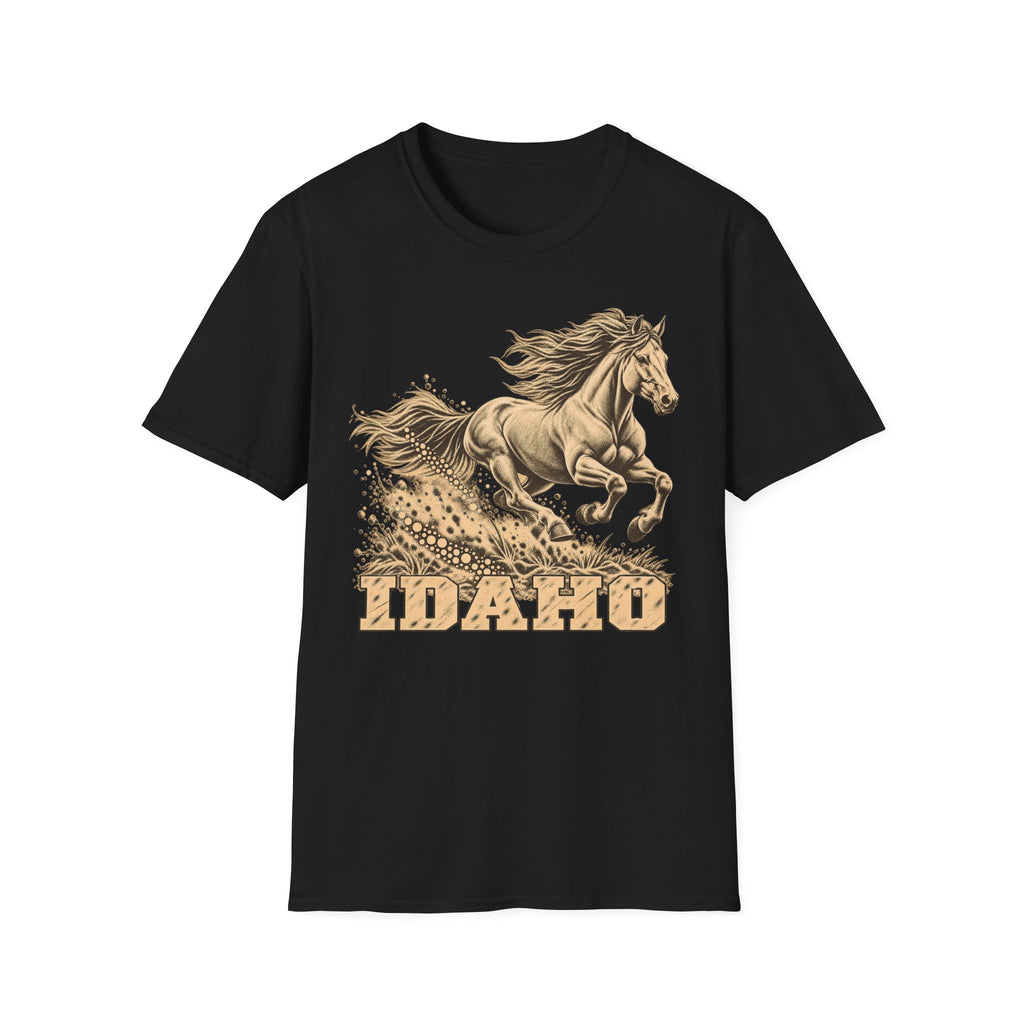 Black T-shirt with golden running horse graphic and Idaho text