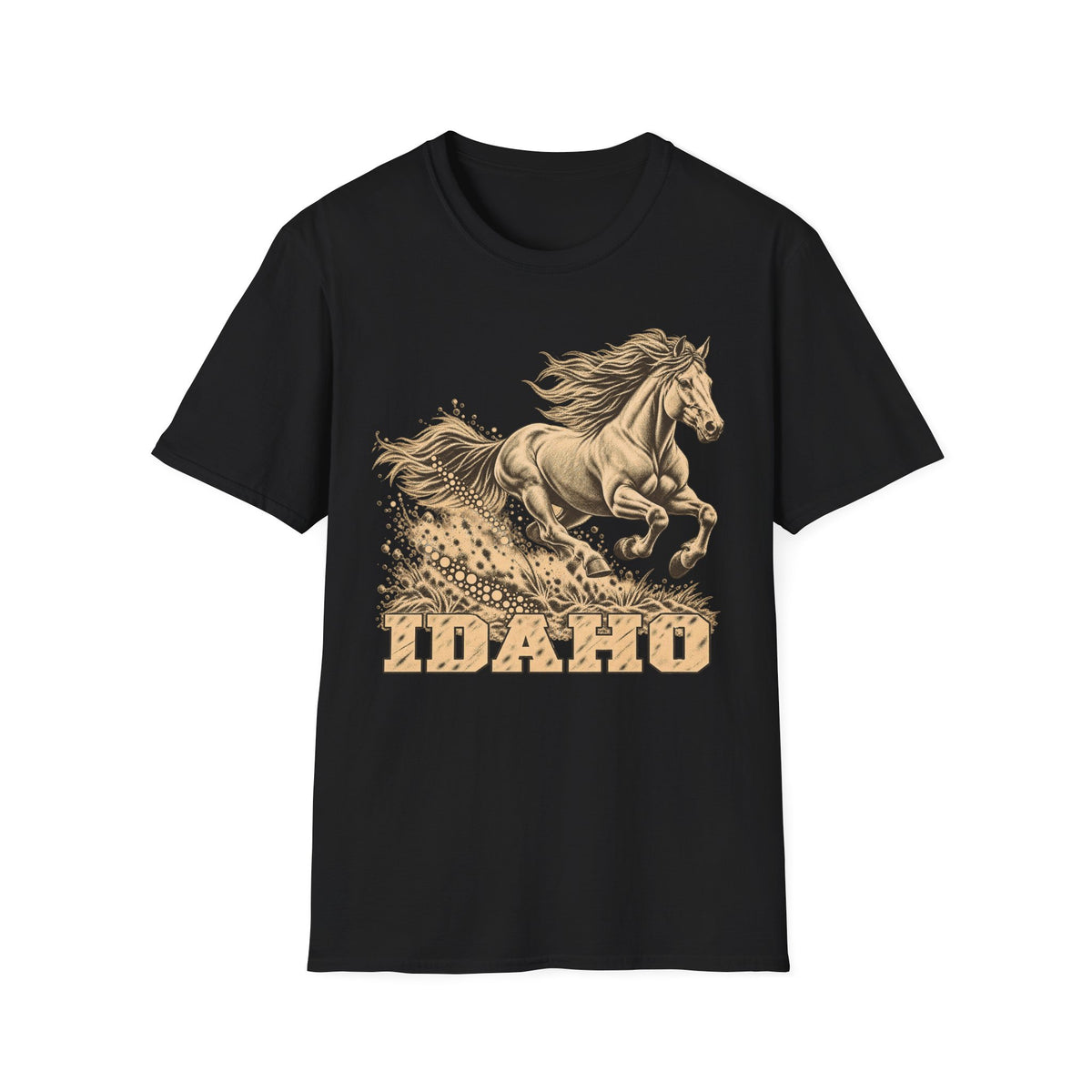 Black T-shirt with golden running horse graphic and Idaho text
