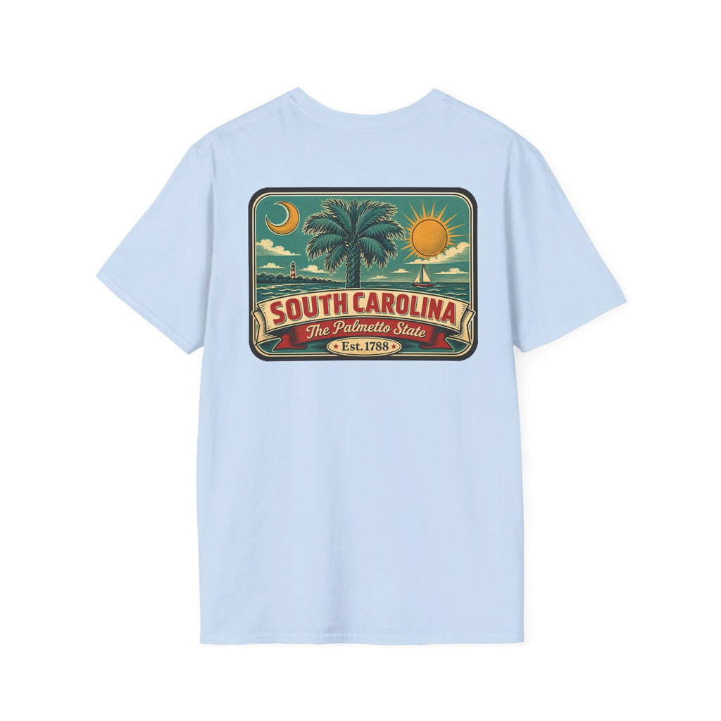 Light blue T-shirt with South Carolina palm graphic patch and Est. 1788 text