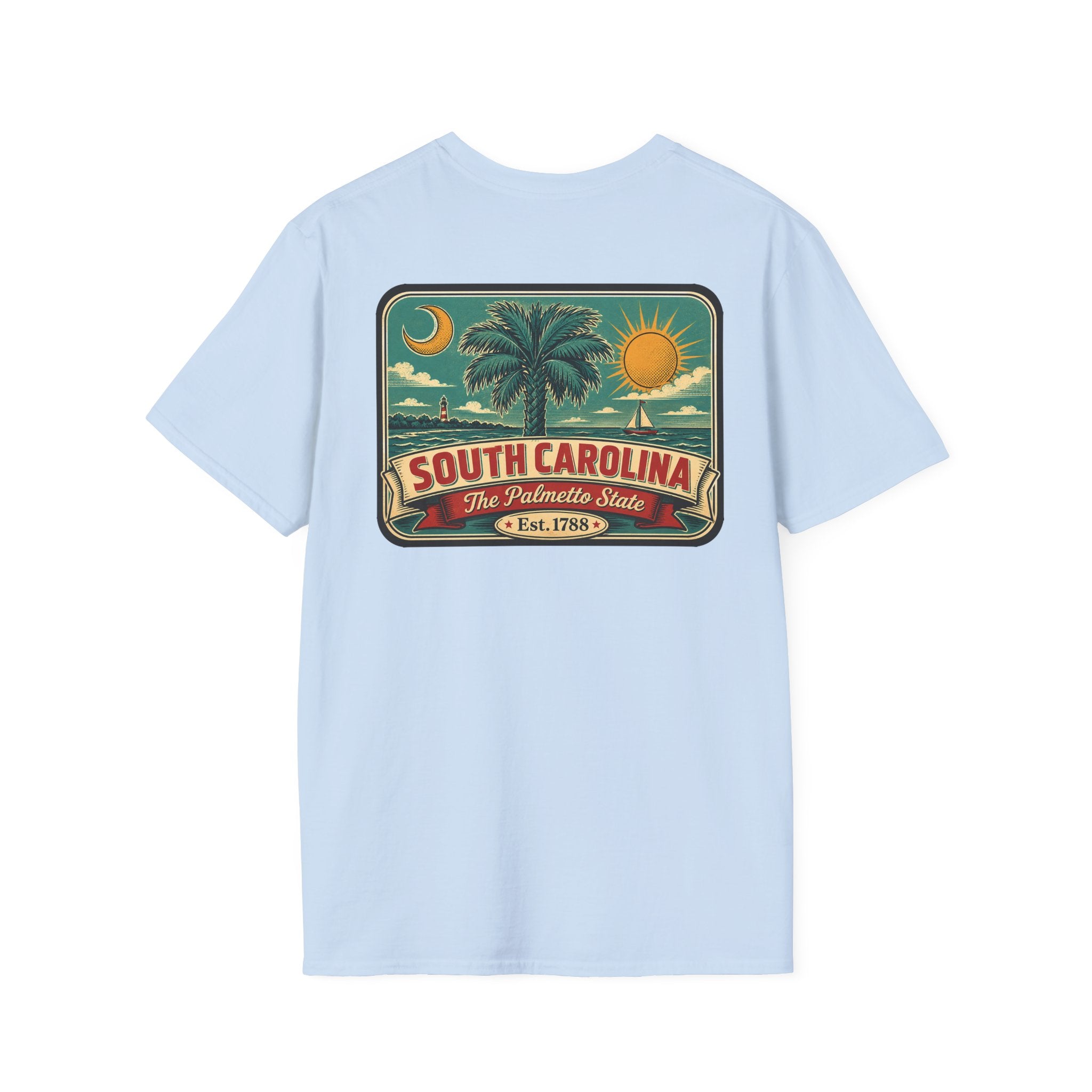 Light blue T-shirt with South Carolina palm graphic patch and Est. 1788 text