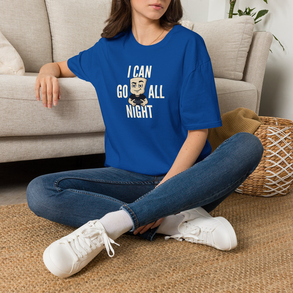 Royal blue T-shirt with front gamer graphic, worn by seated person