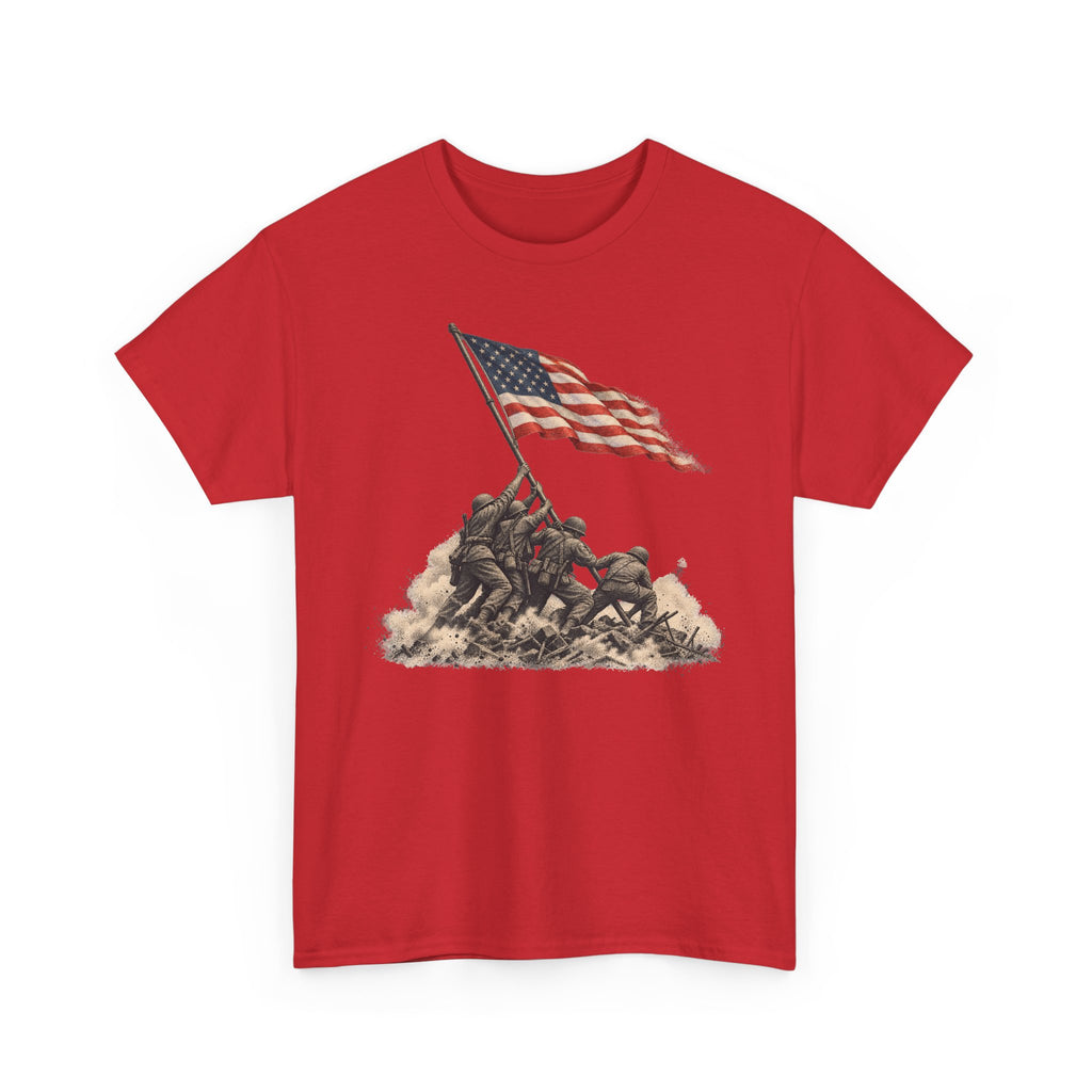 Red crewneck T-shirt with flag-raising soldier graphic on the front