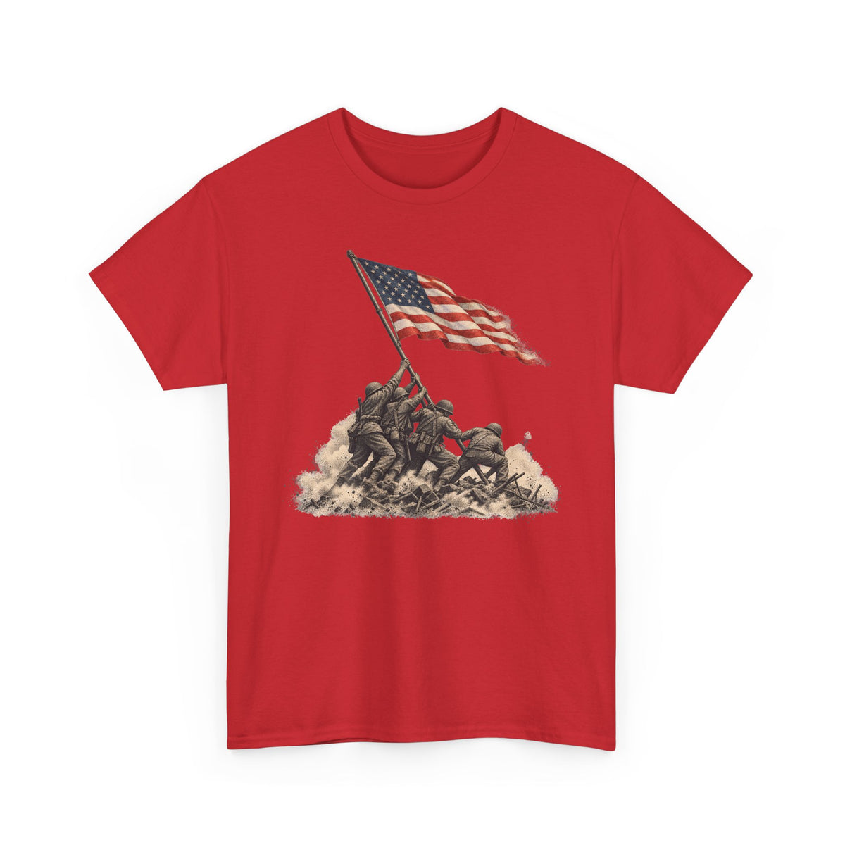 Red crewneck T-shirt with flag-raising soldier graphic on the front