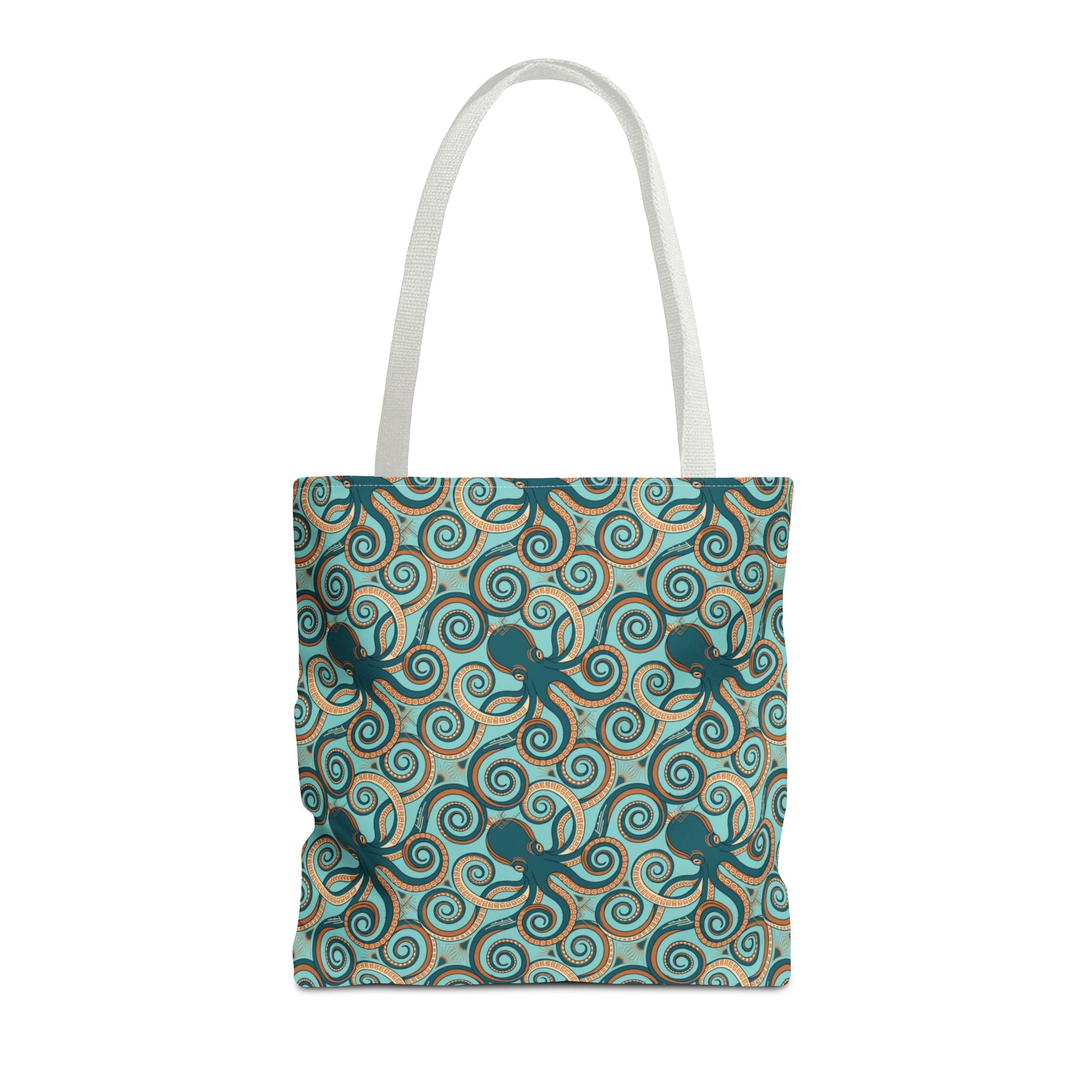 Teal tote bag with all-over octopus swirl pattern and light handles