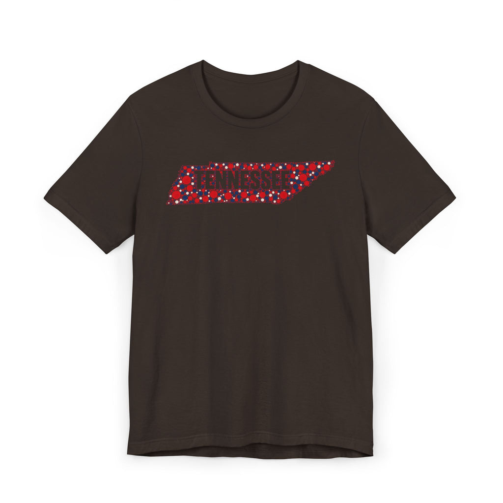 Dark brown t-shirt with colorful floral Tennessee state outline graphic across chest