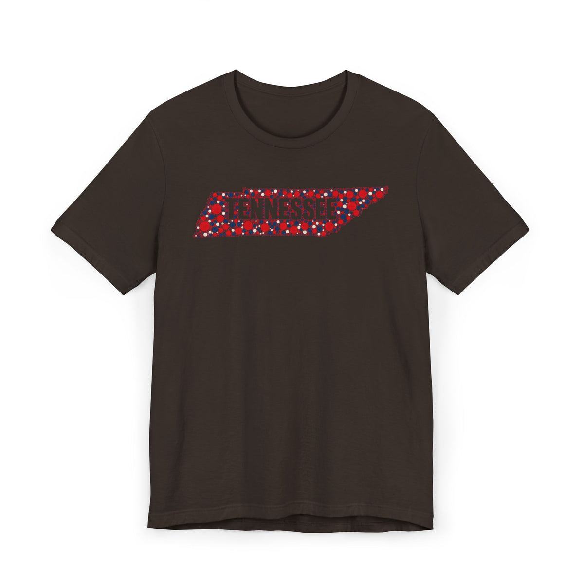 Dark brown t-shirt with colorful floral Tennessee state outline graphic across chest
