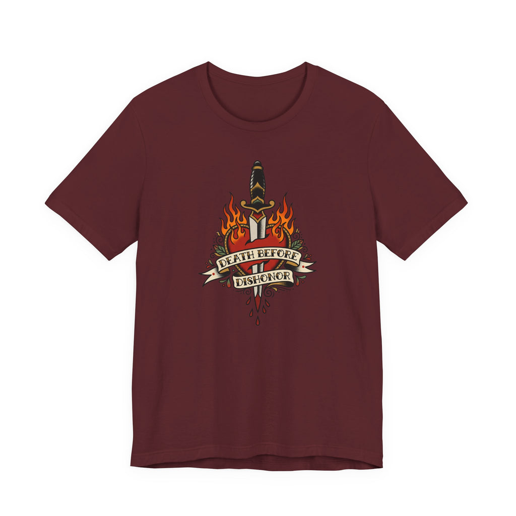 Maroon T-shirt with flaming dagger and banner graphic at center front