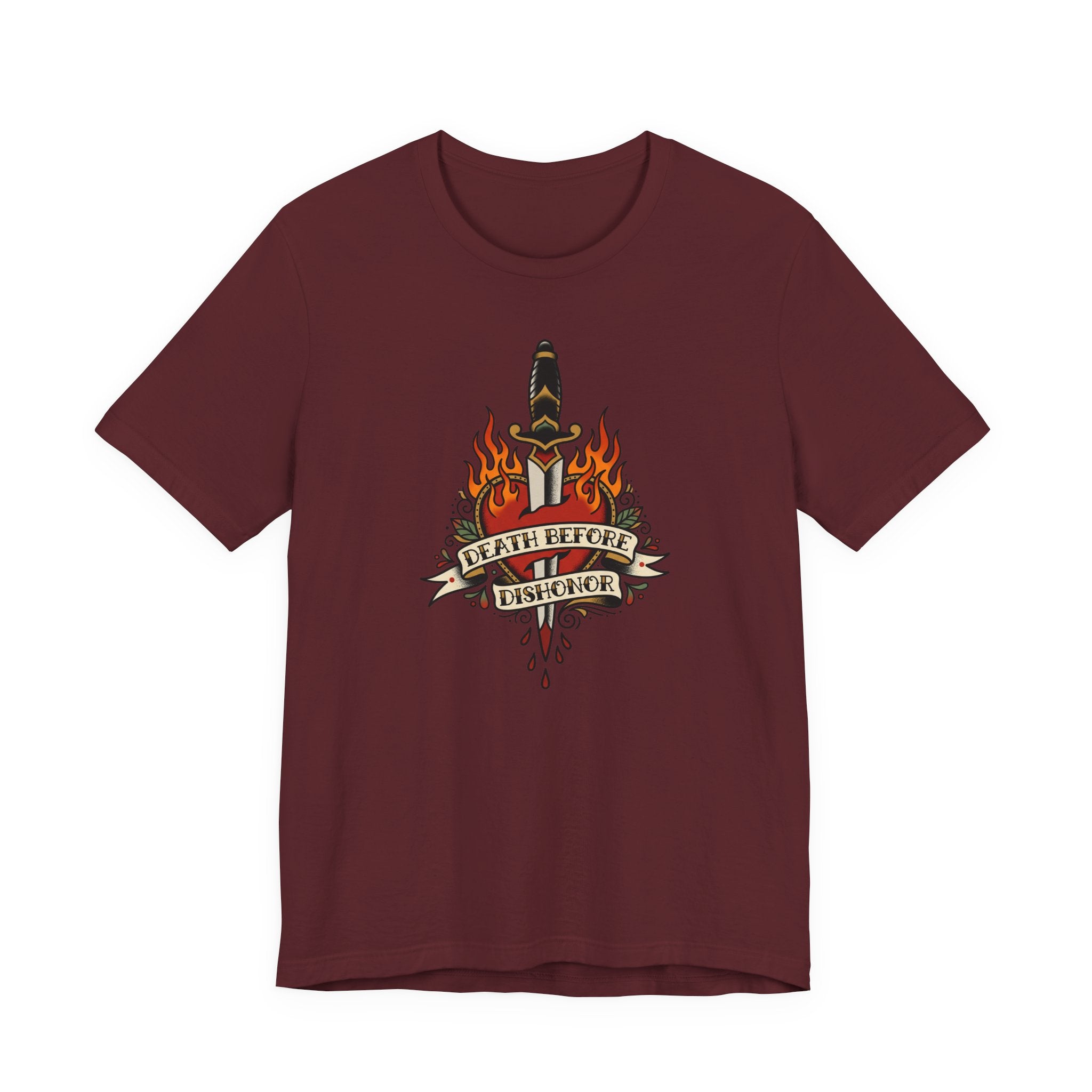 Maroon T-shirt with flaming dagger and banner graphic at center front