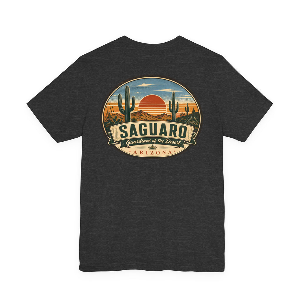 Dark charcoal t-shirt with “SAGUARO” desert graphic patch centered on front.