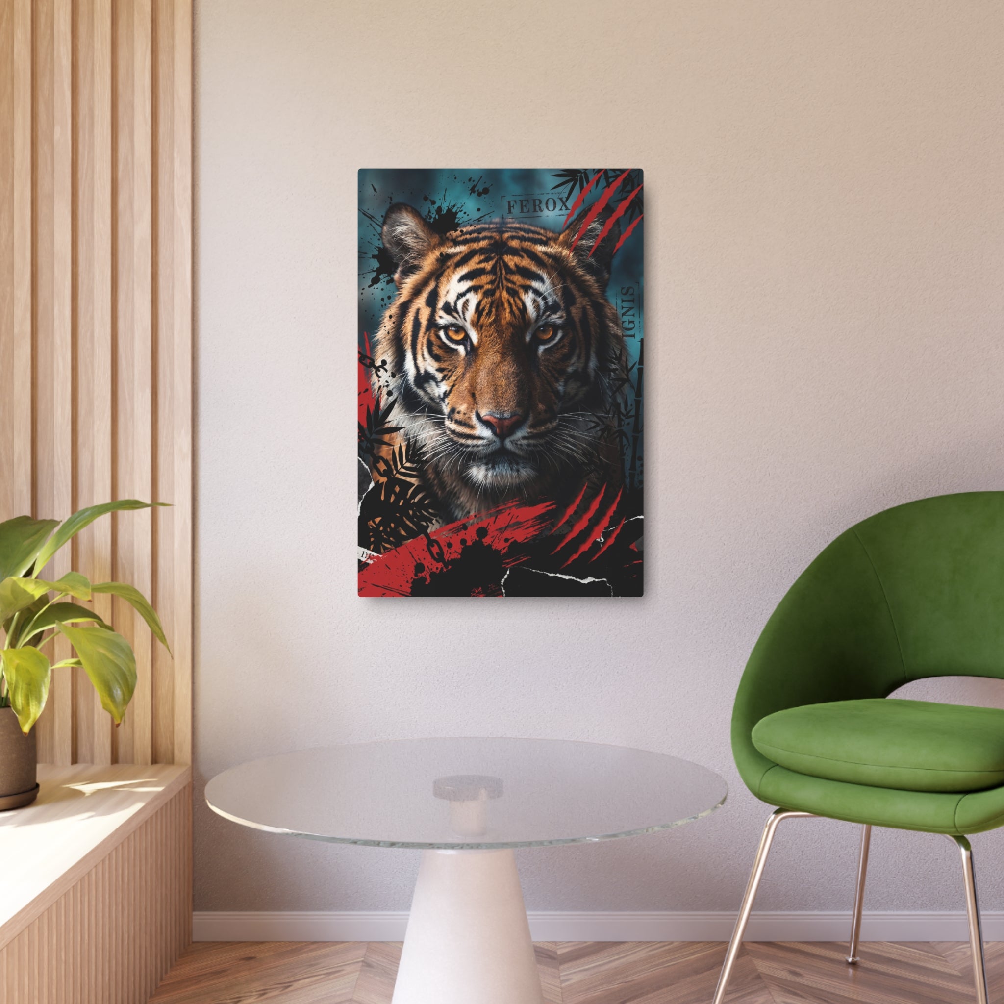 Tiger wall art print on wall, bold big cat portrait in black, red and teal