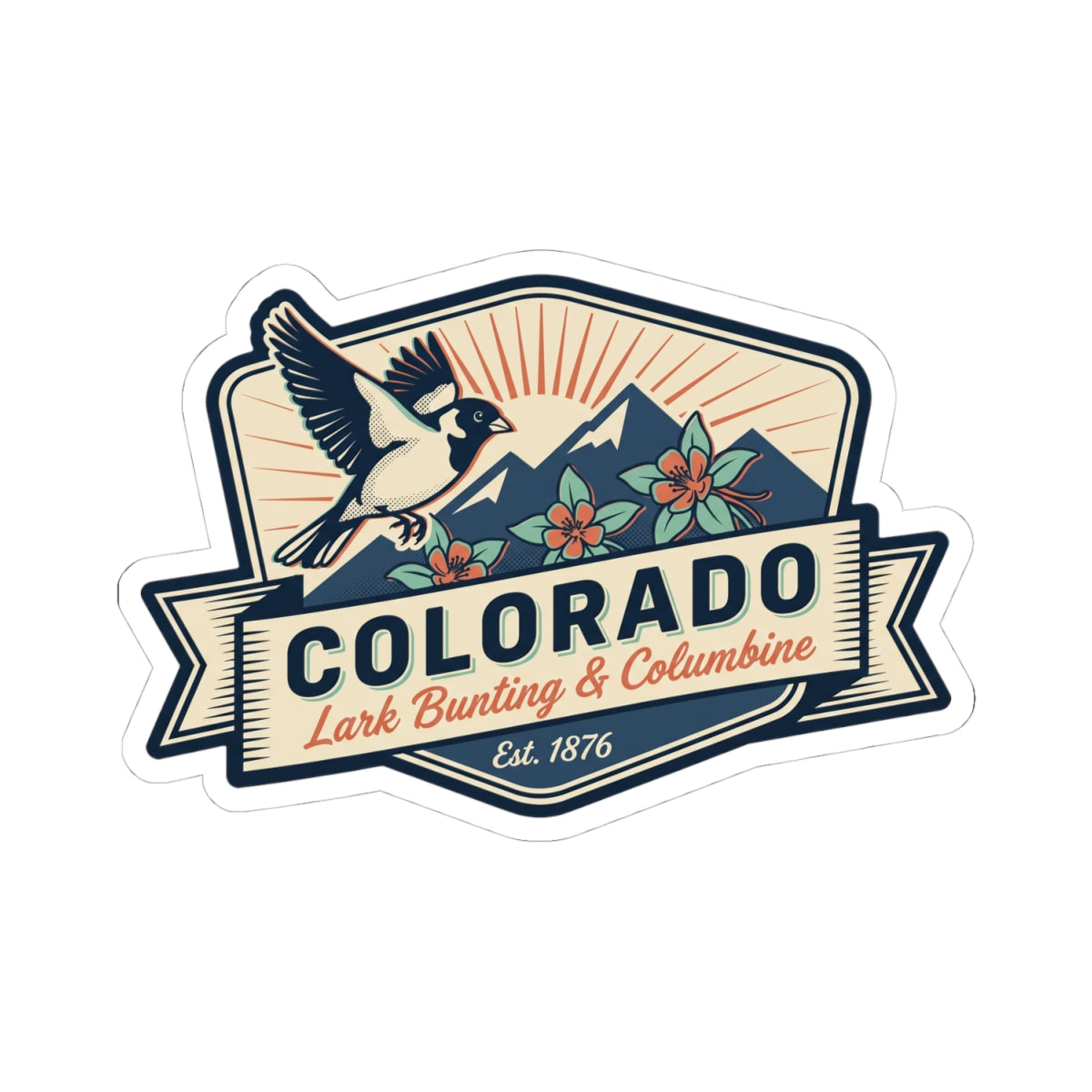 Colorado sticker decal showing bird over mountains with orange rays and flower details