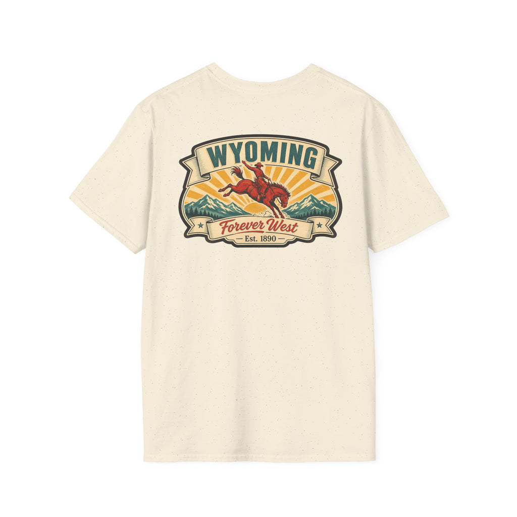 Cream Wyoming graphic T-shirt with cowboy hat banner and landscape logo at chest