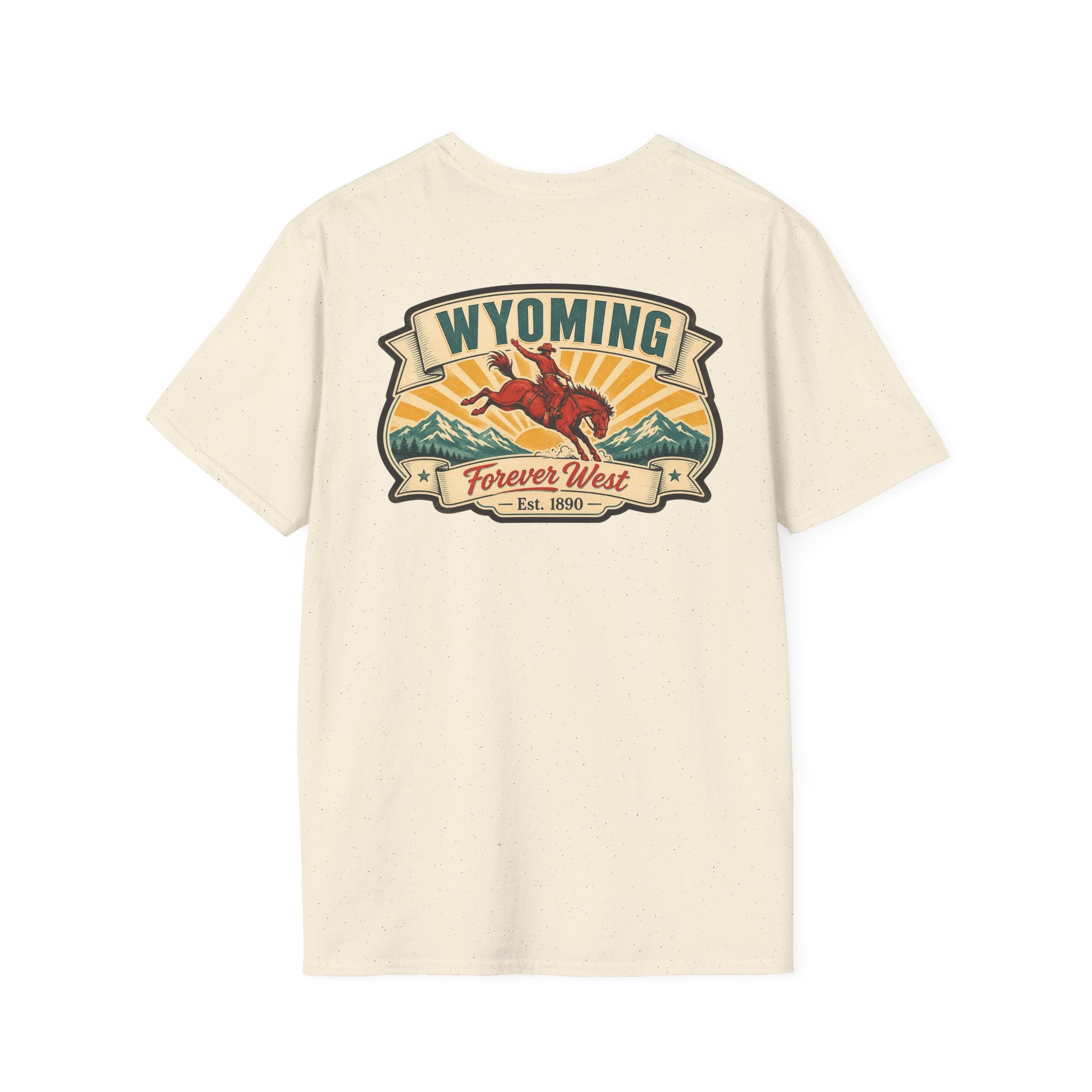 Cream Wyoming graphic T-shirt with cowboy hat banner and landscape logo at chest