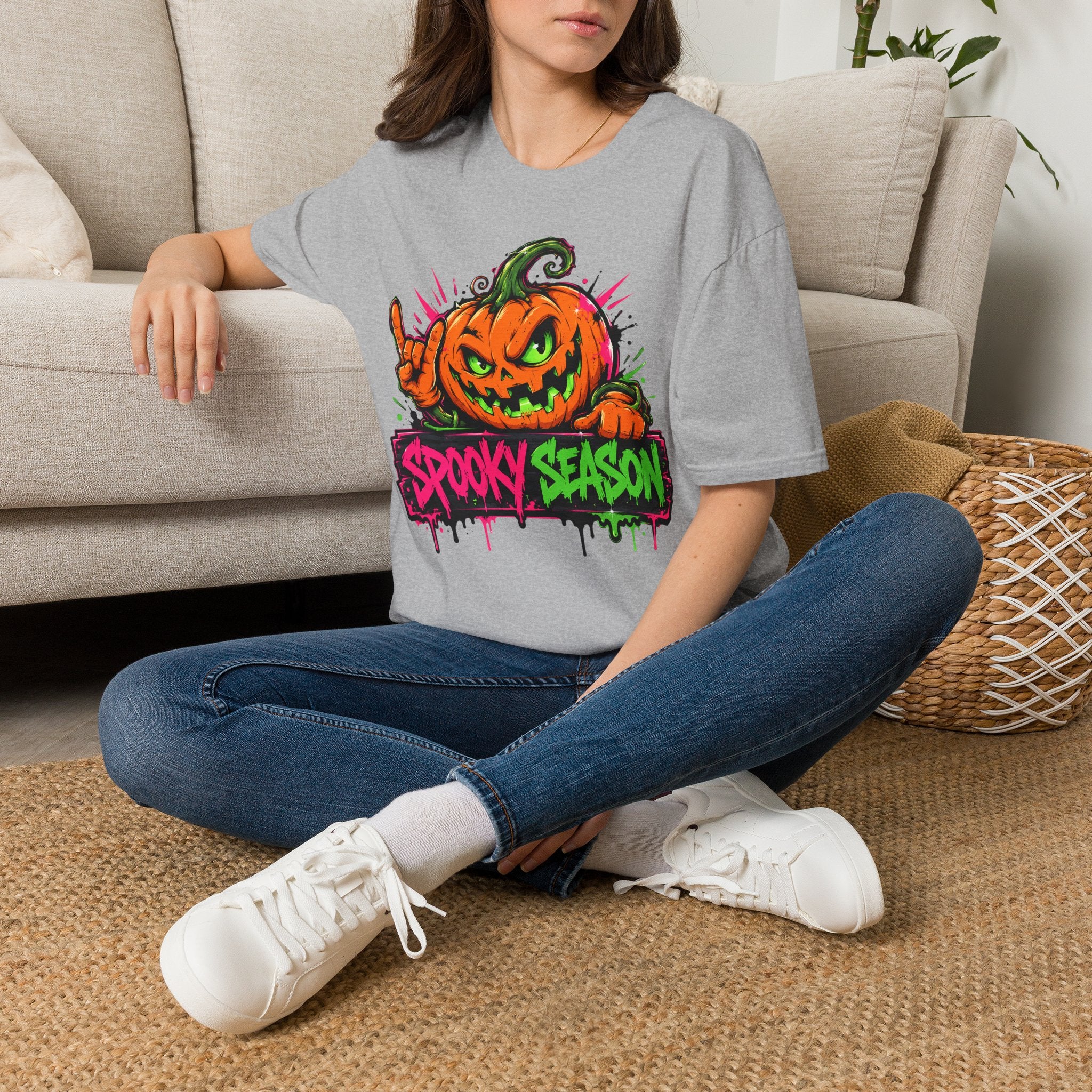 Light gray T-shirt with colorful jack-o-lantern "Spooky Season" graphic on front