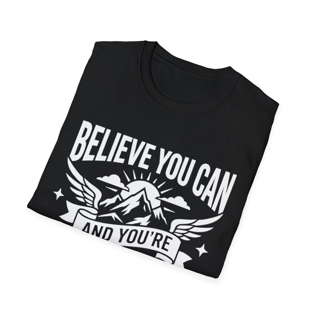 Black t-shirt angled view showing “Believe You Can” mountain hiking quote graphic