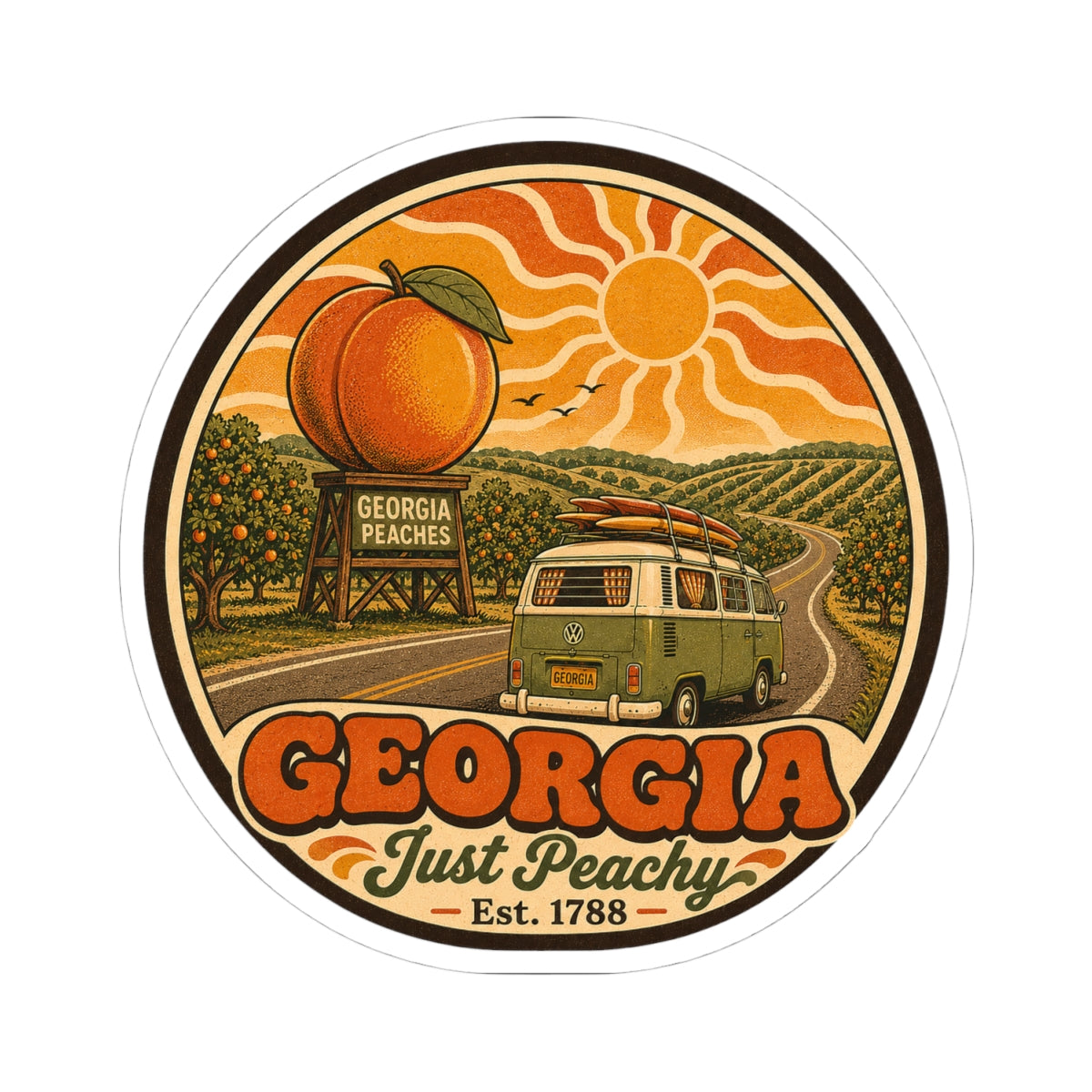 Round vinyl sticker with Georgia Just Peachy text, orange peaches, sun, and green van illustration
