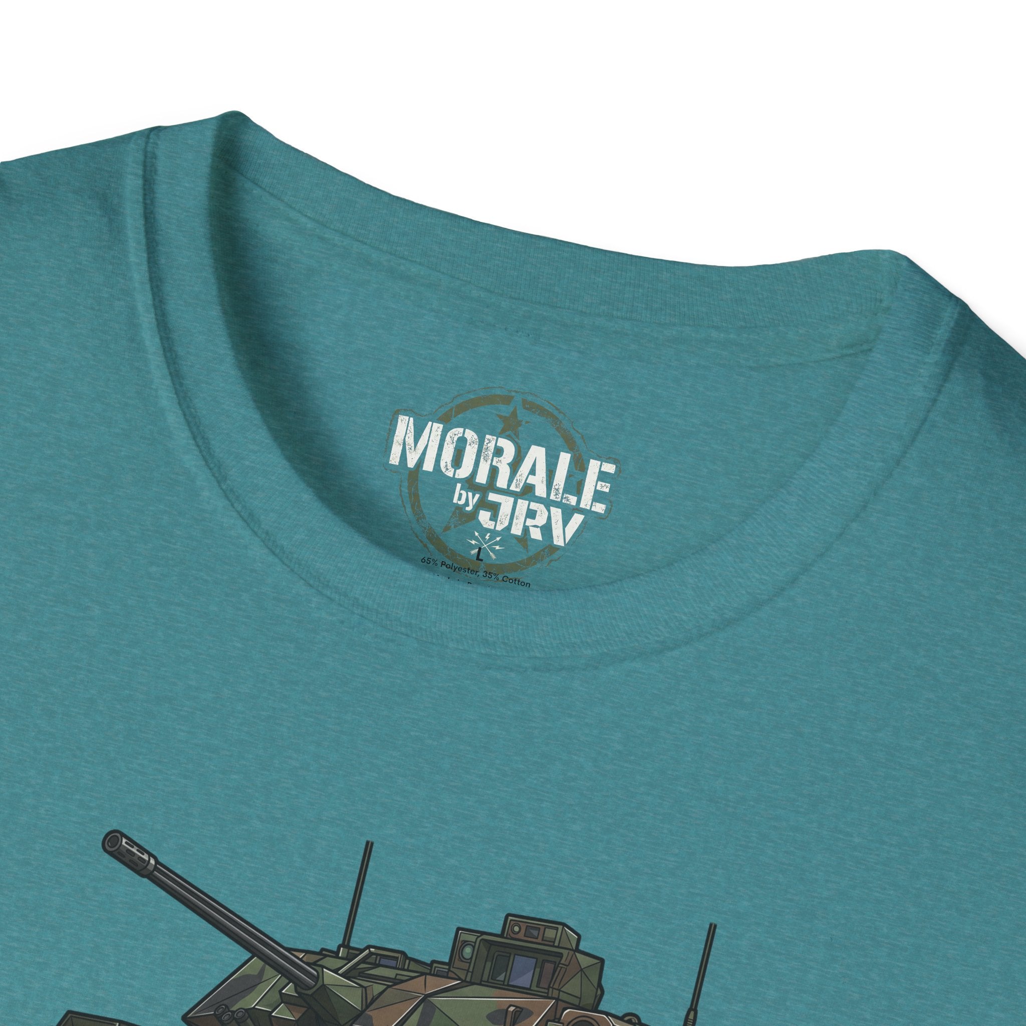 Bradley Fighting Vehicle camo tank T-shirt, neckline logo detail on teal