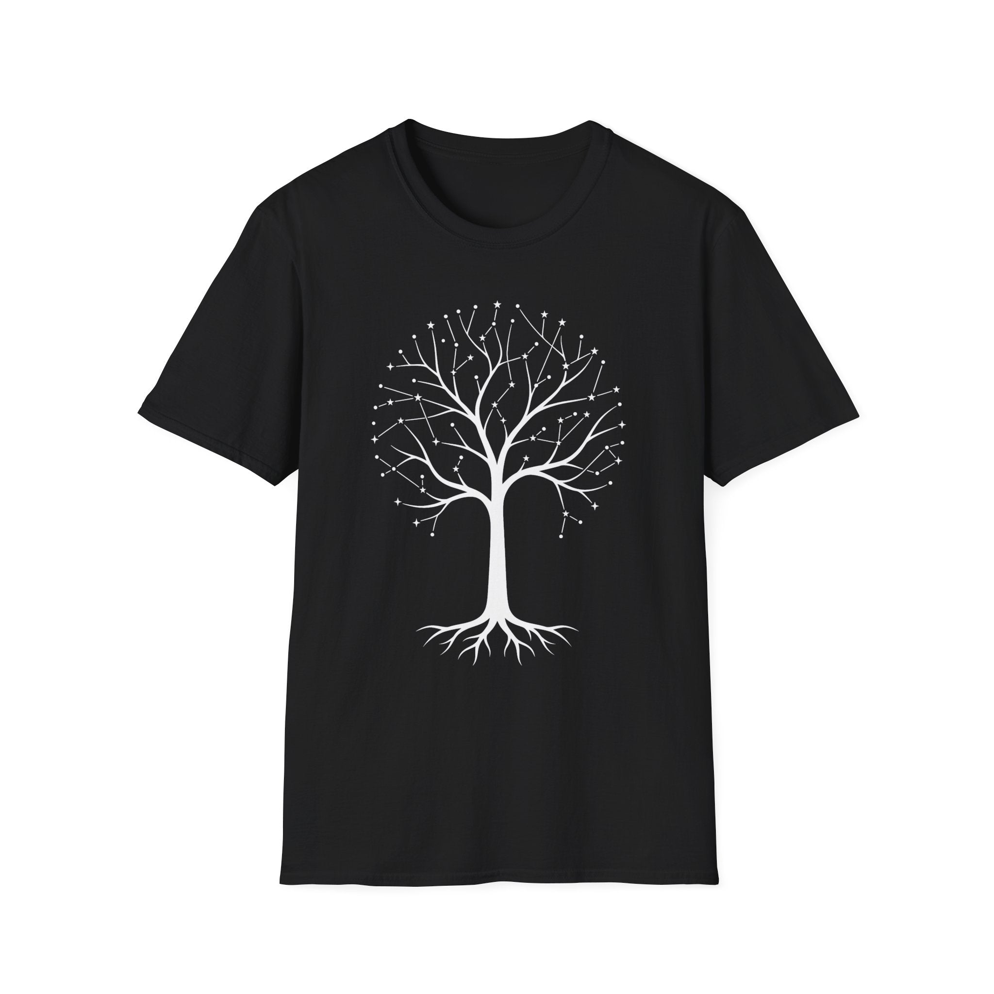 Camiseta negra con árbol de la vida en constelación y raíces botánicas blancas
