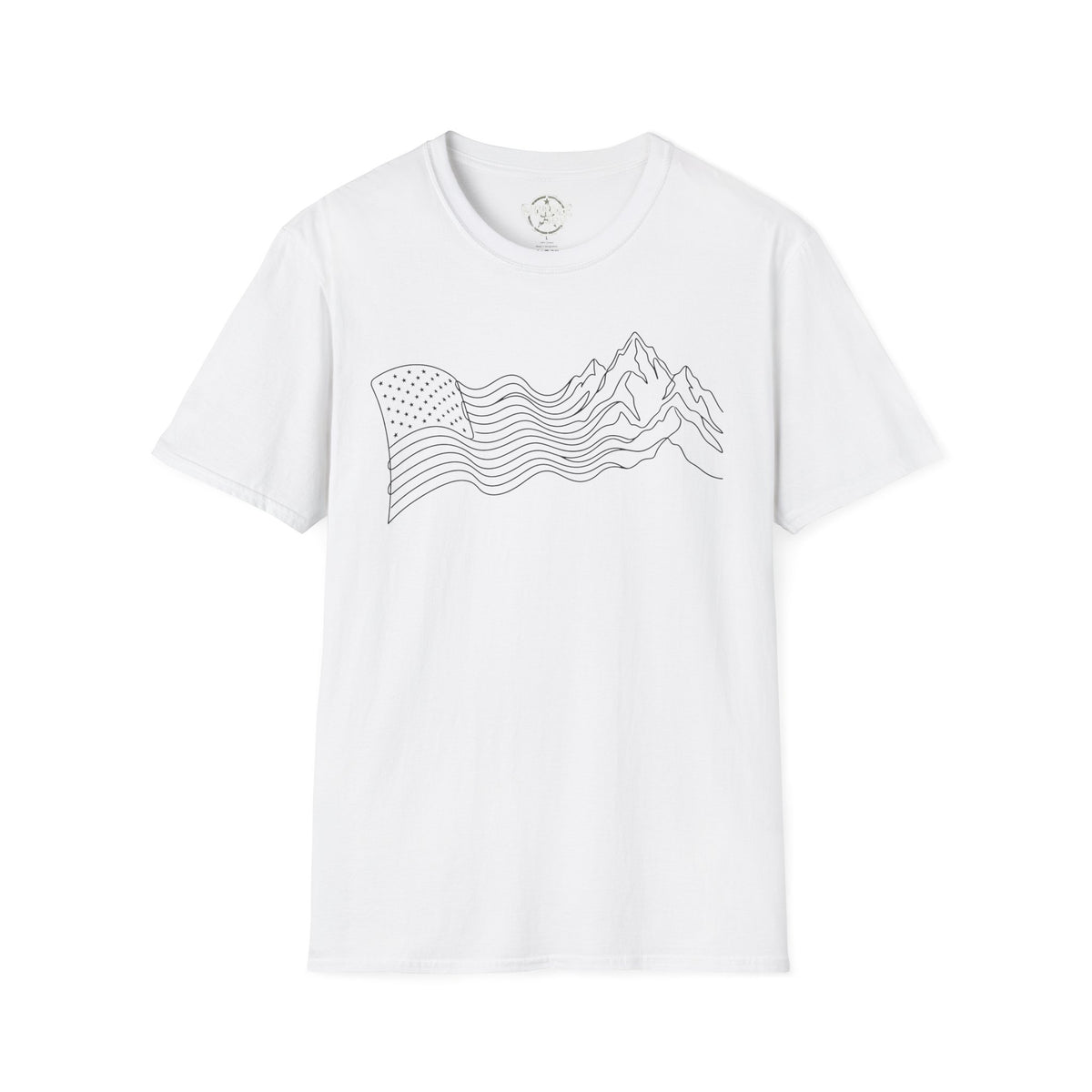 White crewneck T-shirt with small chest mountain and flag line art graphic