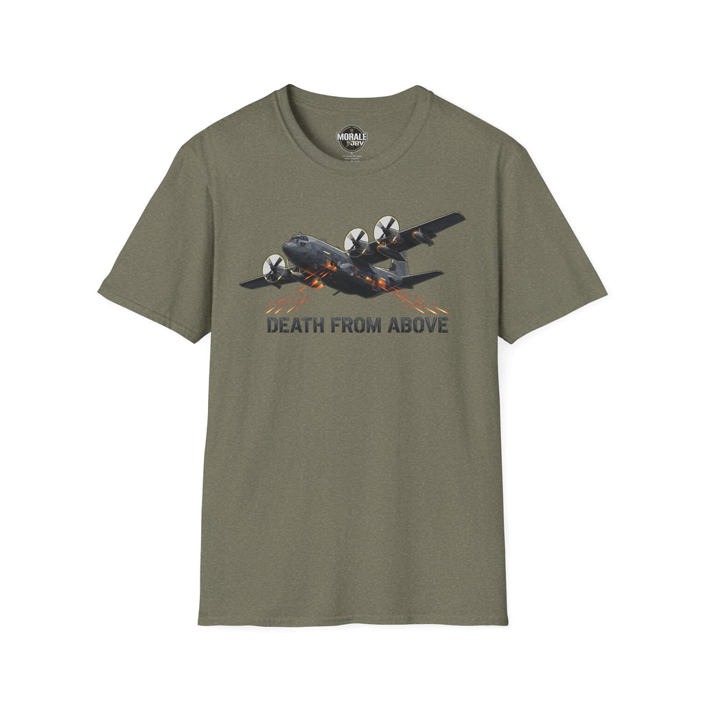 Death From Above T-Shirt in military green with military plane graphic and orange streaks