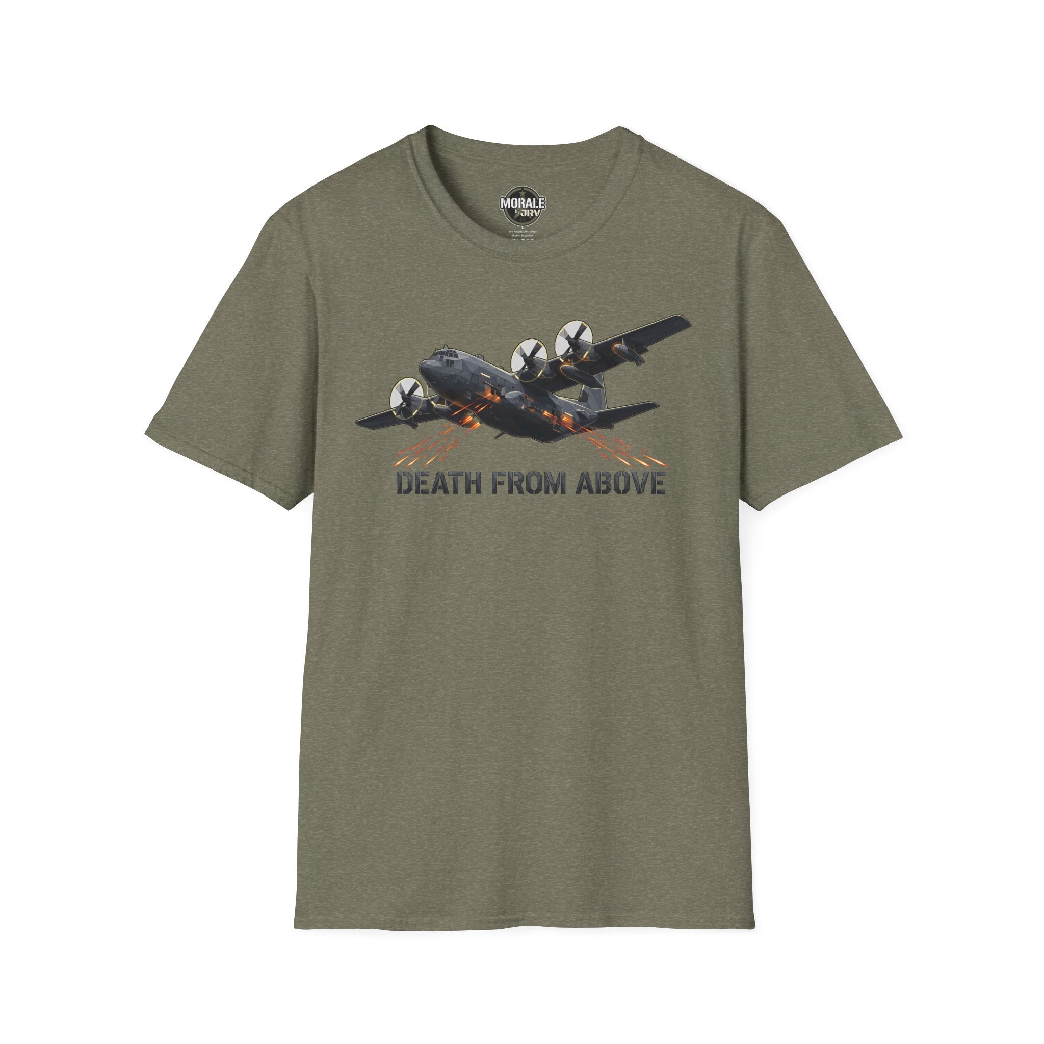 Death From Above T-Shirt in military green with military plane graphic and orange streaks
