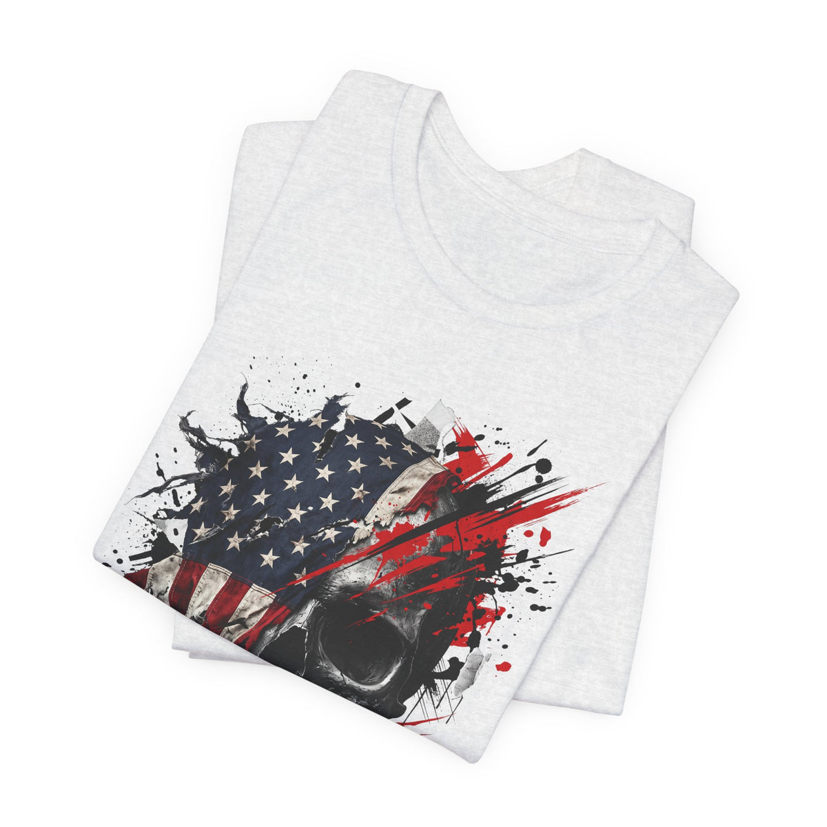 Heather grey skull and American flag graphic t-shirt with distressed ink splatter