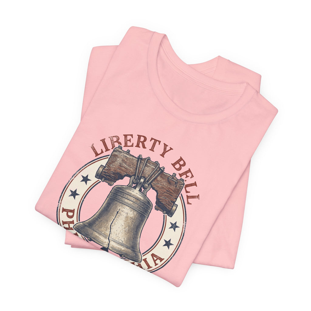 Light pink heather T-shirt with Liberty Bell Philadelphia chest graphic.