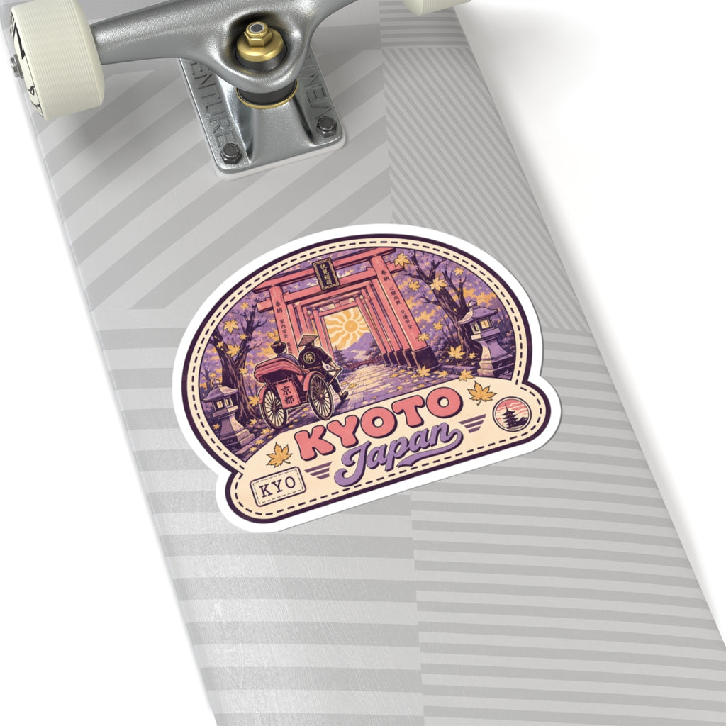 Kyoto Japan sticker on striped case; torii gate rickshaw scene with “Kyoto Japan” text.